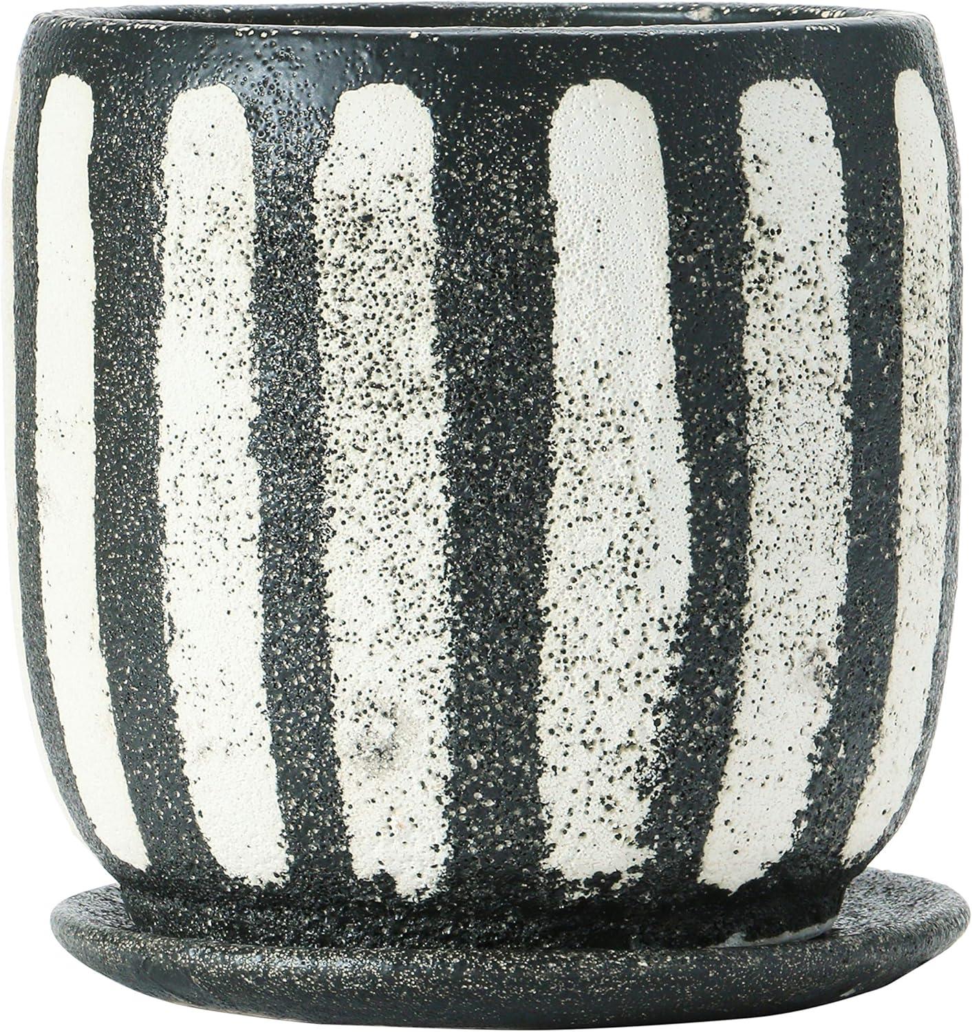 Bold Hand-Painted Black & White Terra-cotta Planter with Saucer, 7.5"