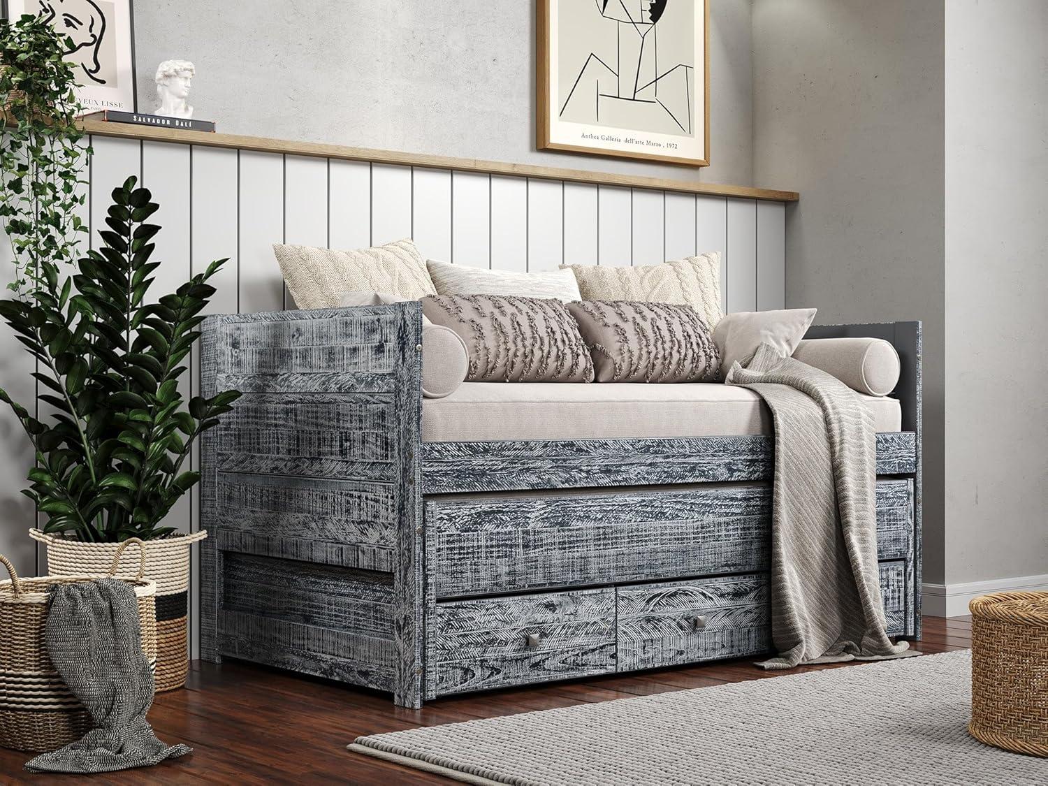 Bedz King All in One Twin Bed with Trundle and 3 Built in Drawers, Weathered Black