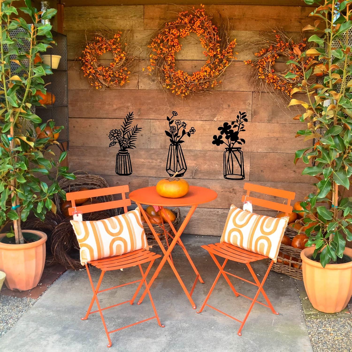 3 Pieces Black Metal Flowers Wall Decor Vase Art Sculptures Hanging for Indoor Kitchen Bathroom Dining Room Patio, 14.56x7.48 Inches