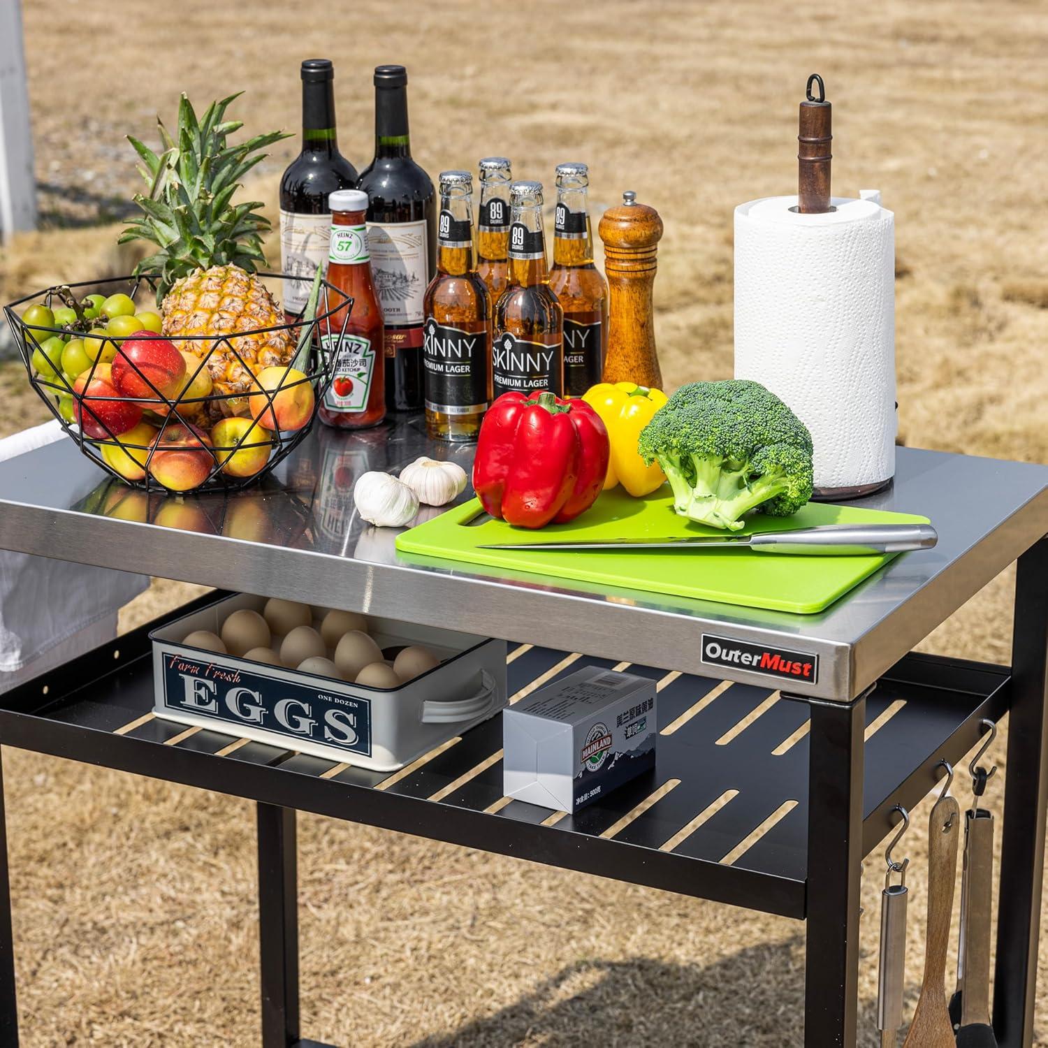 Silver and Black Steel Outdoor Grill Cart with Shelves