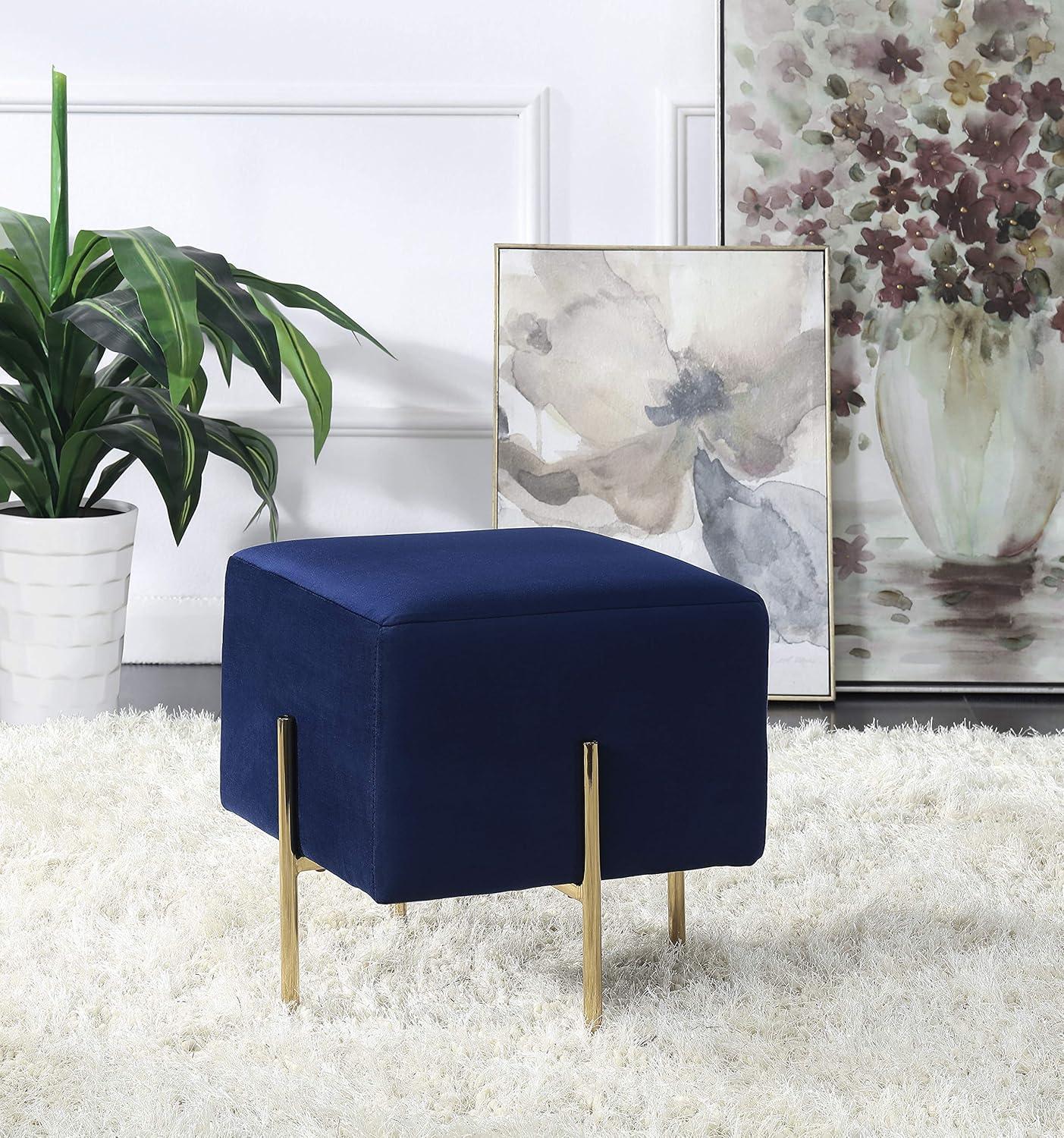 Modern Blue Velvet Ottoman with Gold Metal Legs