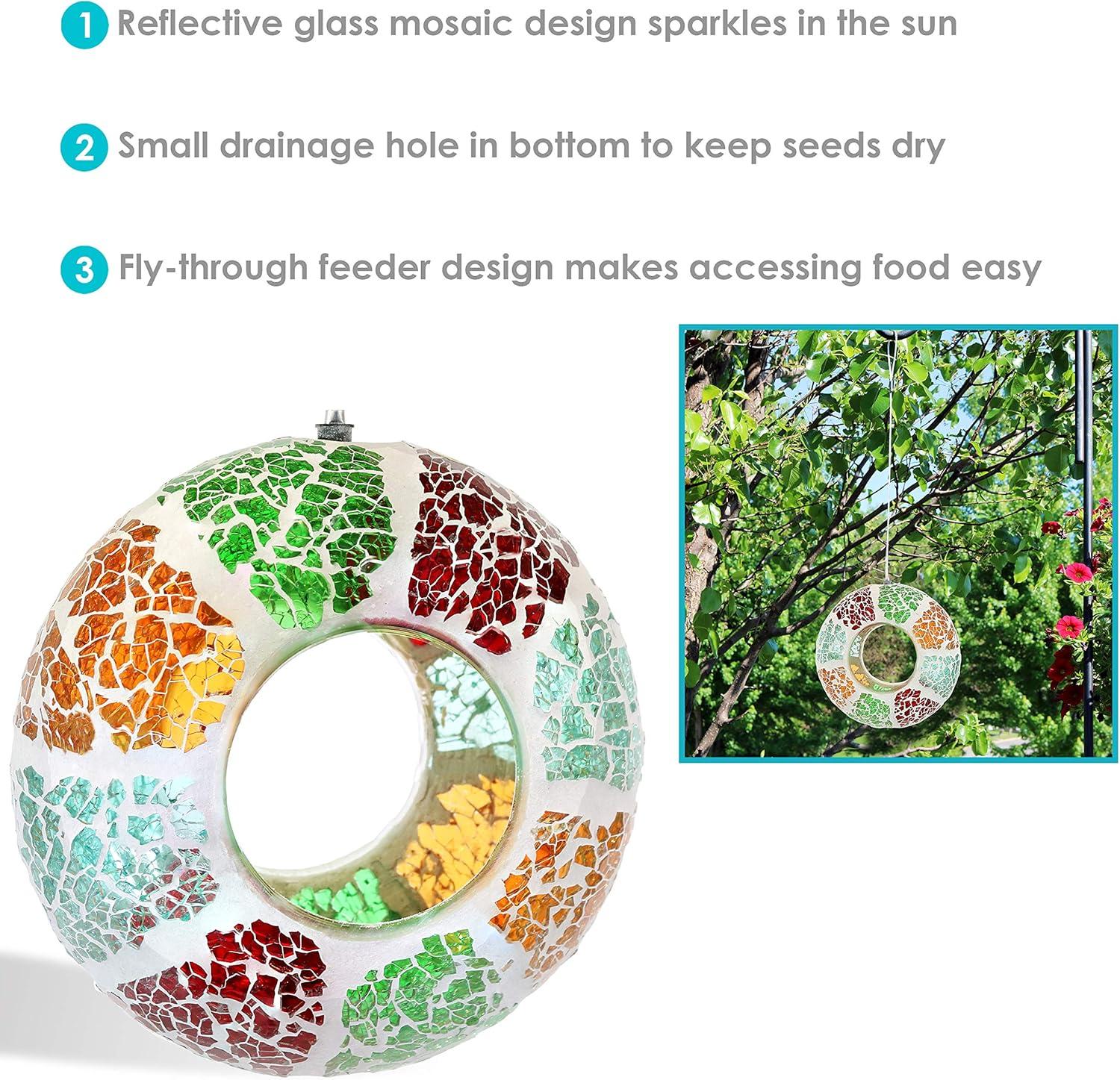 Sunnydaze Outdoor Garden Patio Round Glass with Summery Mosaic Design Hanging Fly-Through Bird Feeder - 6" - Red, Orange, Green, and Light Blue