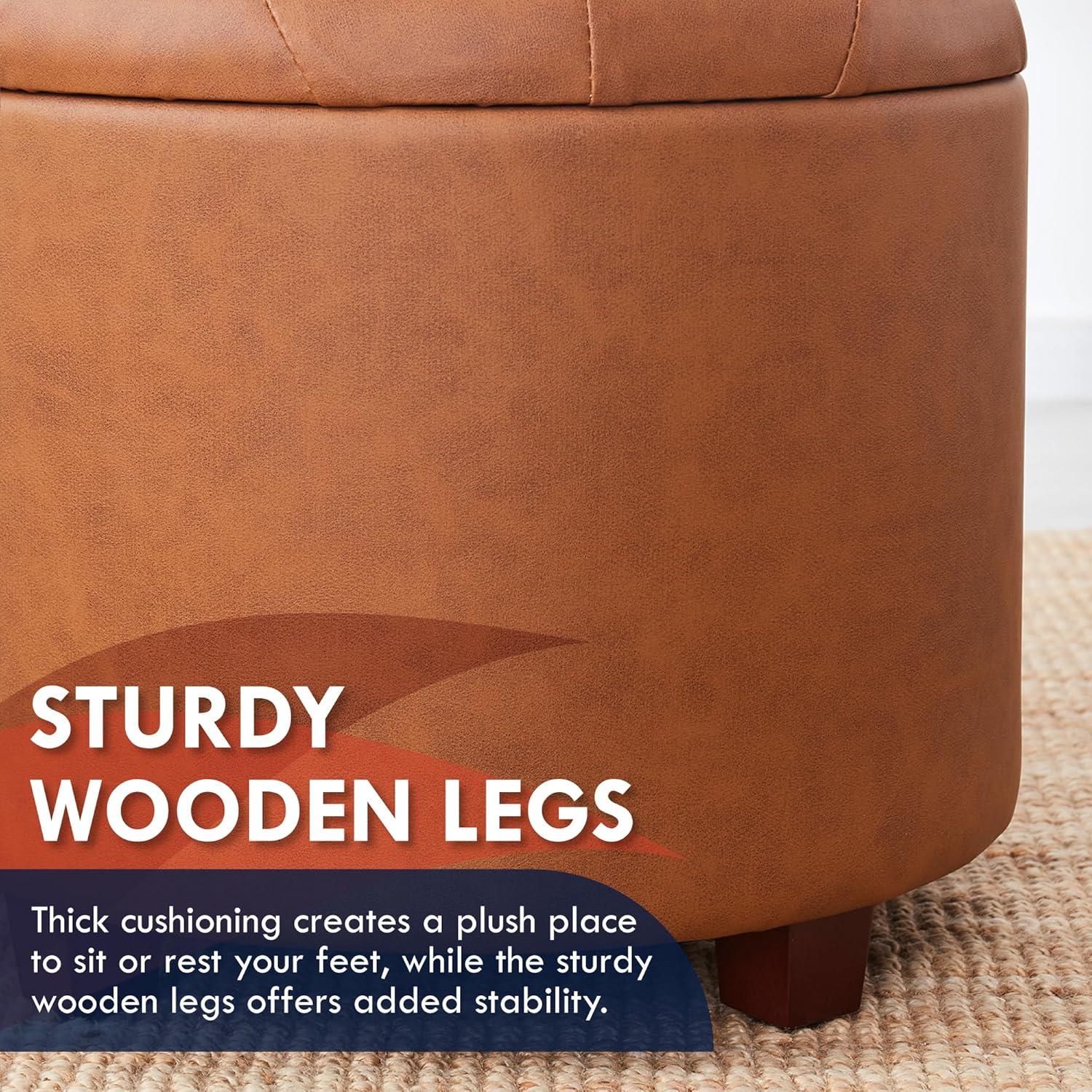Ornavo Home Faux Leather Upholstered Round Tufted Storage Ottoman with Wooden Legs - Cognac