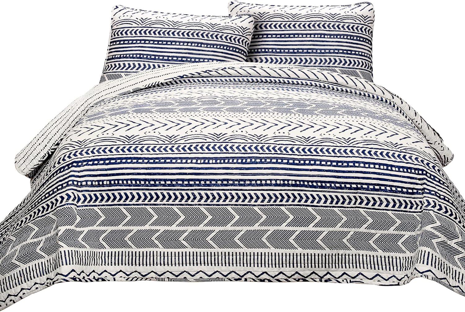 Lush Décor 3pc King Hygge Geo Reversible Quilt & Sham Set Navy/White: STANDARD 100 OEKO-TEX Certified