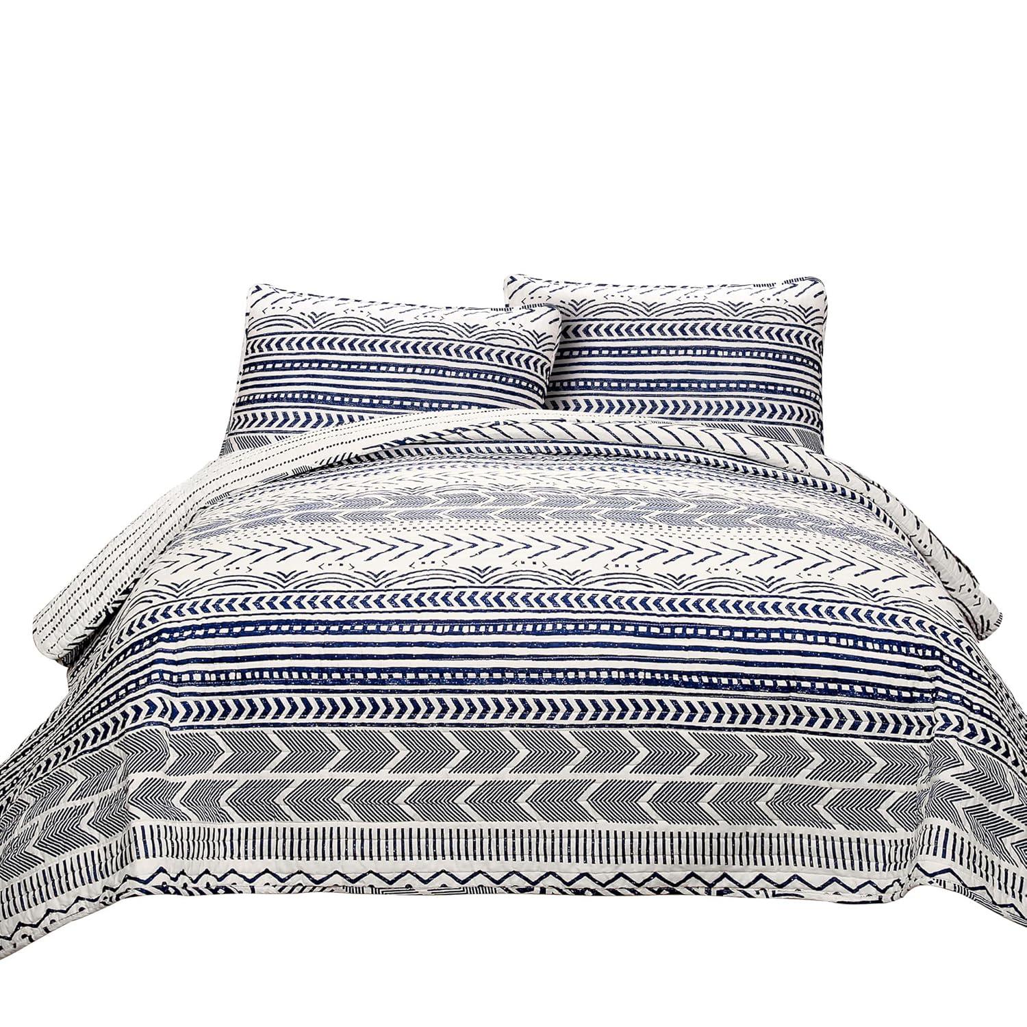 Lush Décor 3pc King Hygge Geo Reversible Quilt & Sham Set Navy/White: STANDARD 100 OEKO-TEX Certified
