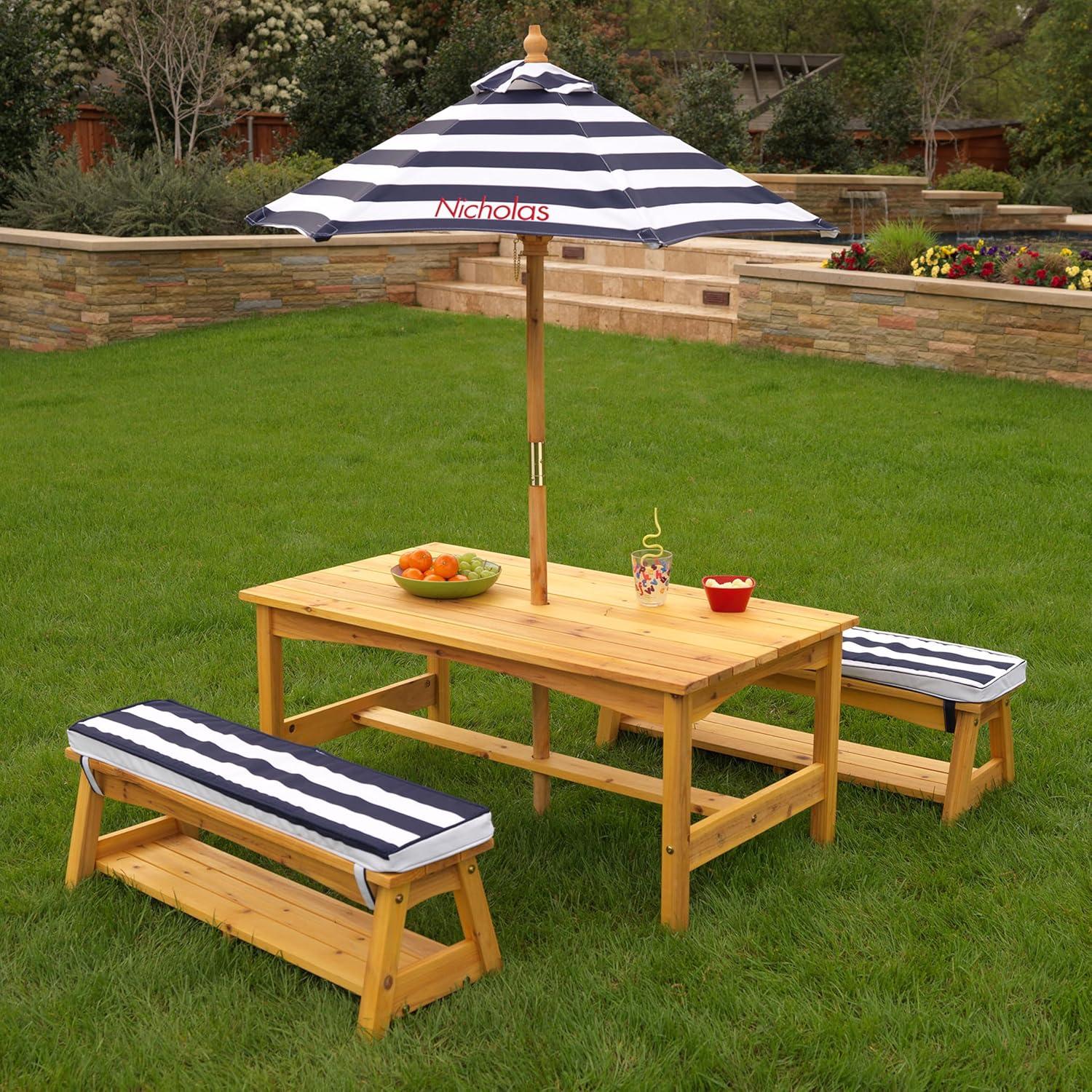 Outdoor Wooden Table & Benches with Cushions & Umbrella, Navy