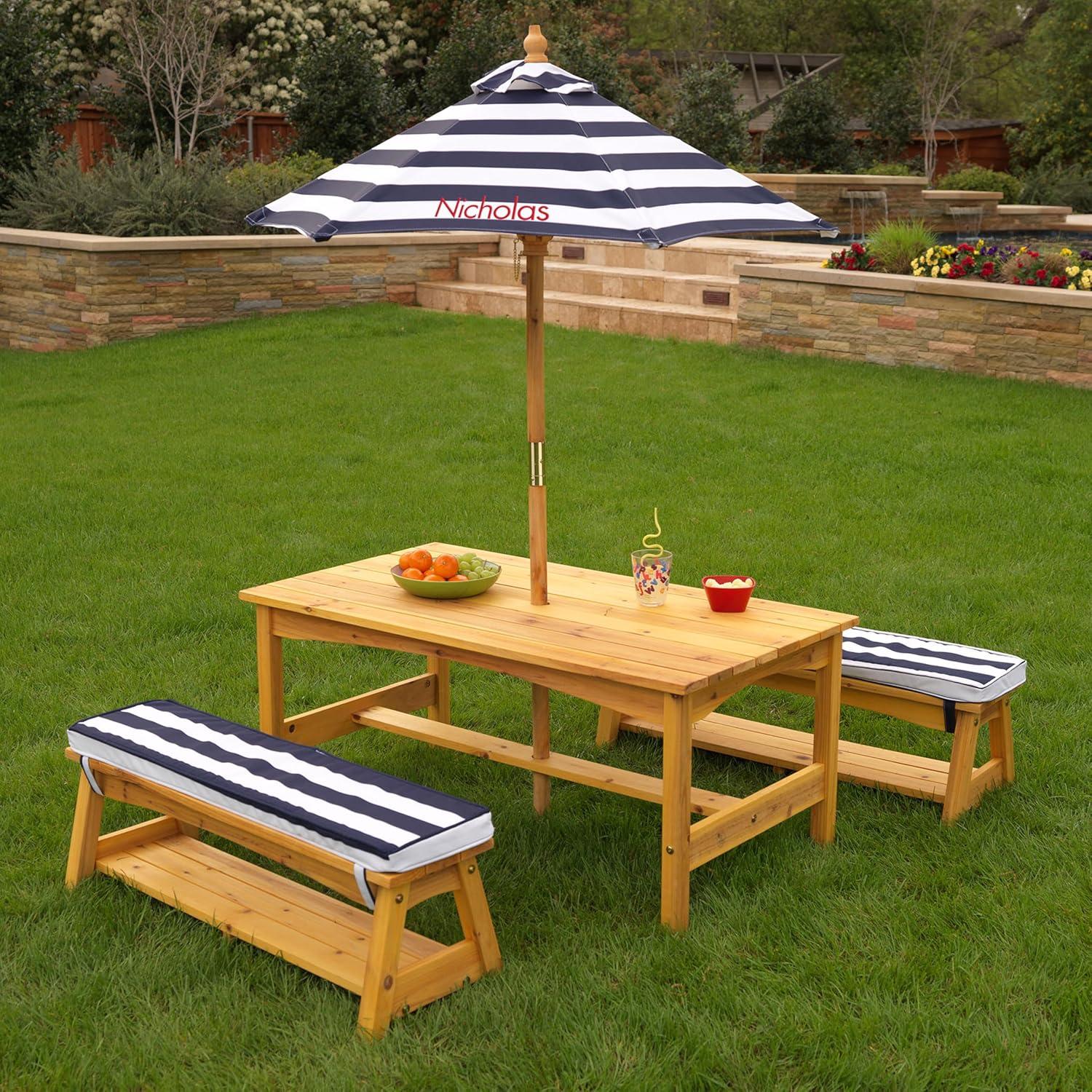 KidKraft Outdoor Wooden Table & Benches with Cushions & Umbrella, Navy