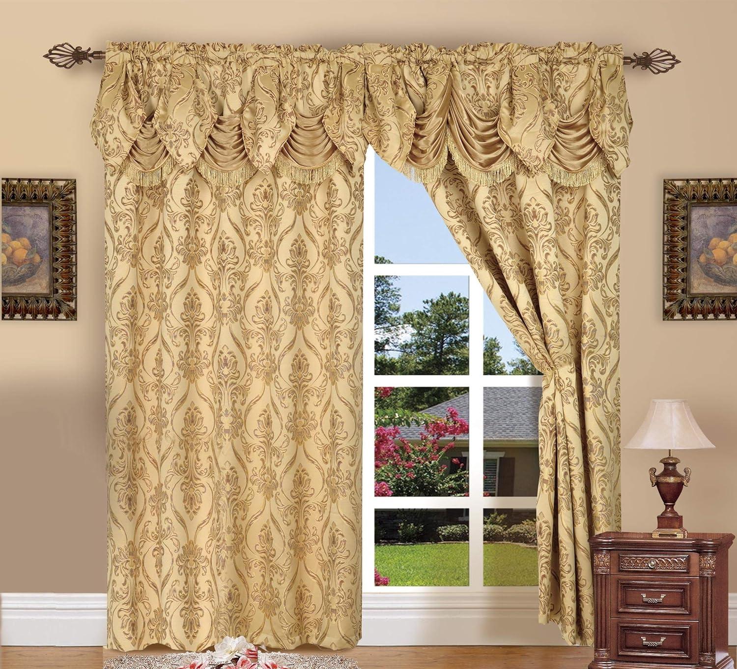 Curtain Panel Set with Attached Waterfall Valance, Jacquard Fabric, (SET of 2), 54 x 84 Inches, Gold
