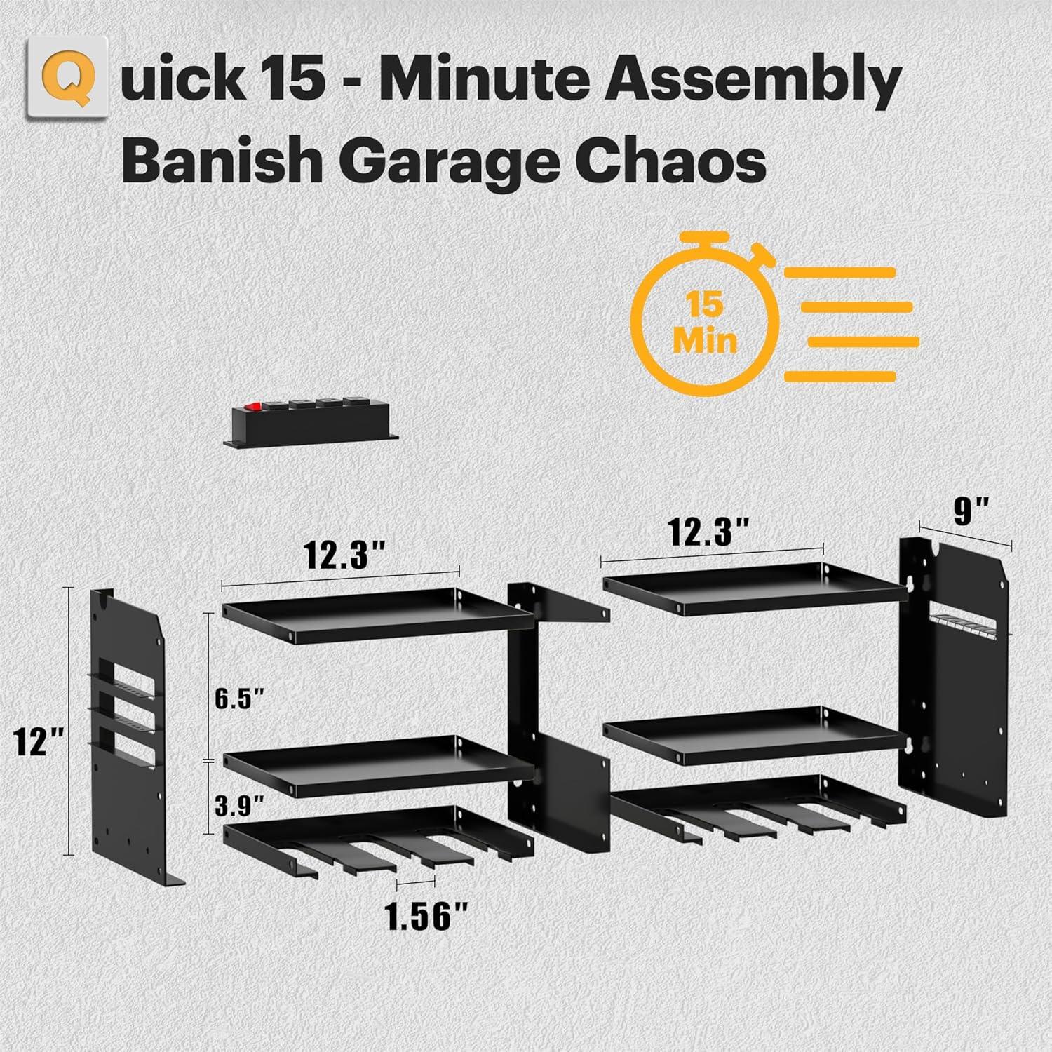 Spampur Power Tool Organizer Wall Mount with Charging Station, Garage Tool Shelf 6 Drill Holders, Tool Battery Holder with Plier holder Heavy Duty Rack, Tool Storage Rack with 4 Outlet Power Strip
