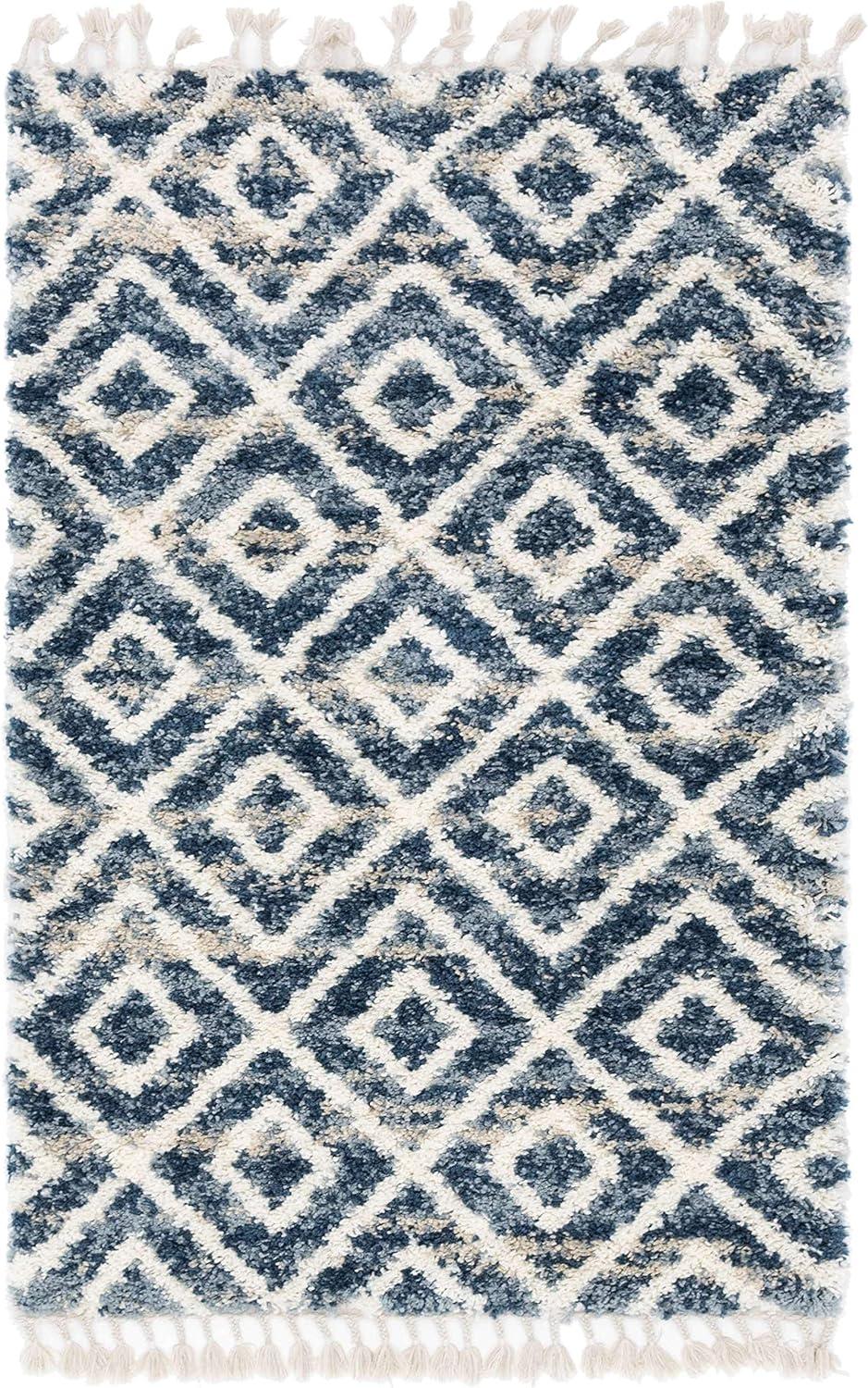 Unique Loom Diamond Hygge Shag Rug Blue/Beige 4' 1" x 6' 1" Rectangle Geometric Modern Perfect For Living Room Bed Room Dining Room Office