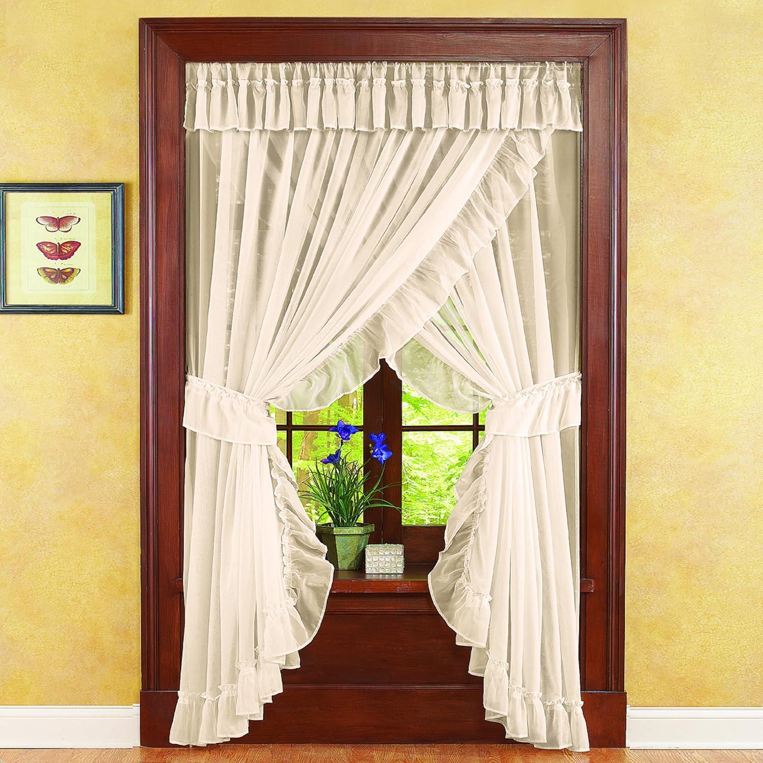 Collections Etc Isabella Ruffled Sheer Fabric Rod Pocket Window Curtain Set, Cream