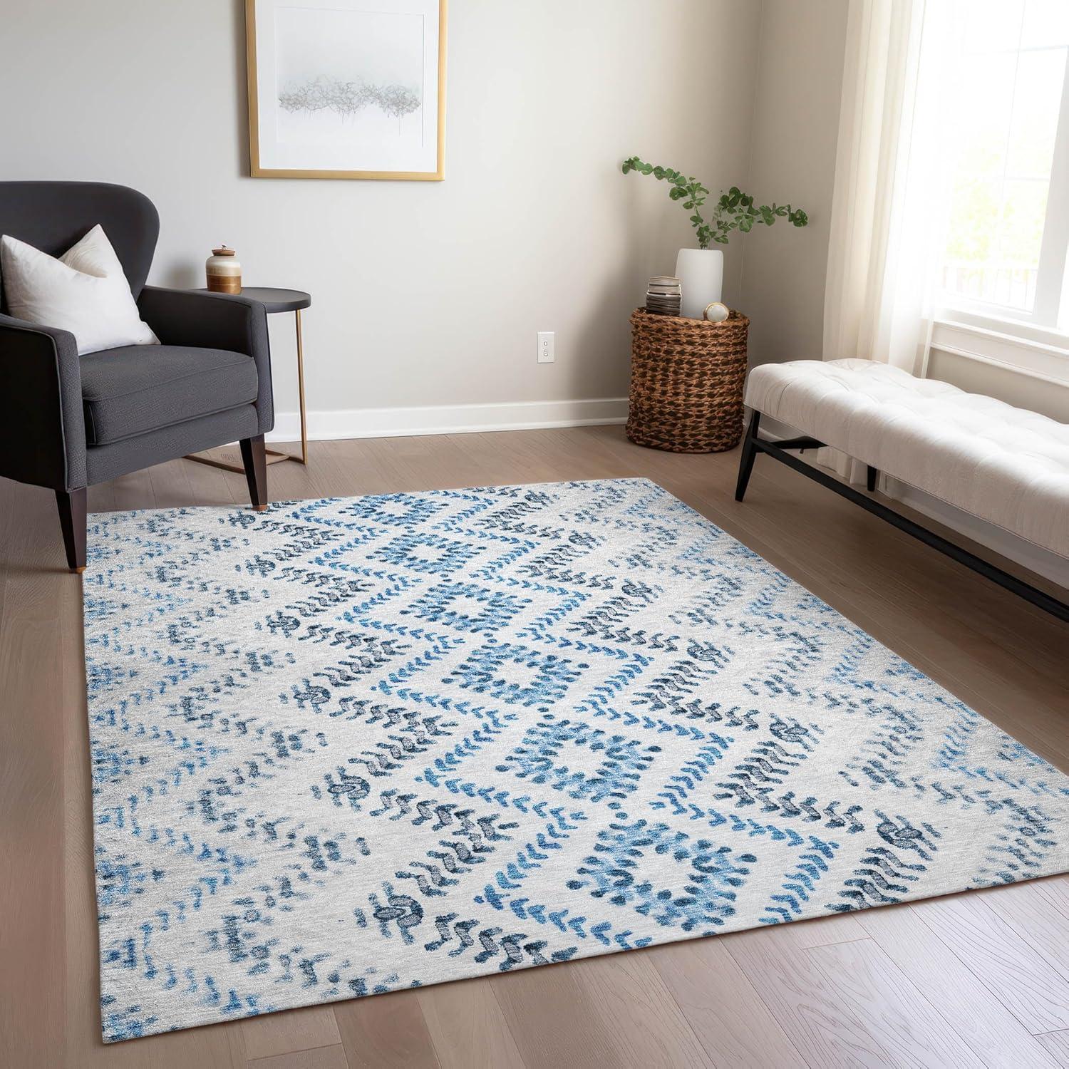 Blue and White Rectangular Washable Synthetic Area Rug