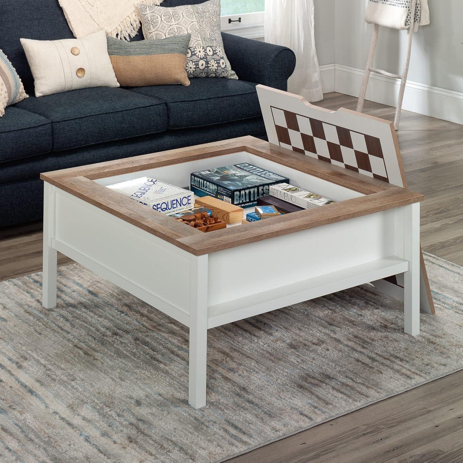 Cottage Road Gaming Coffee Table with Reversible Top Soft White - Sauder: Chess & Checkers, Adjustable Storage Shelf