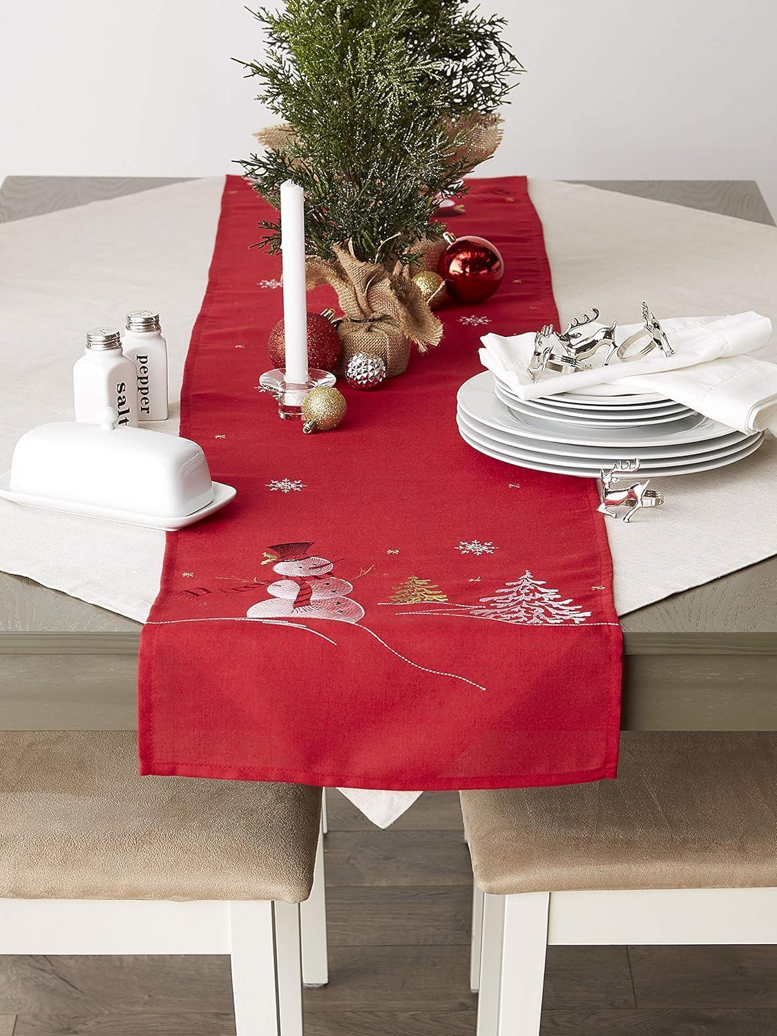 DII Embroidered Holiday Table Décor Collection Christmas Kitchen, Snowman Table Runner, 14x70, Red
