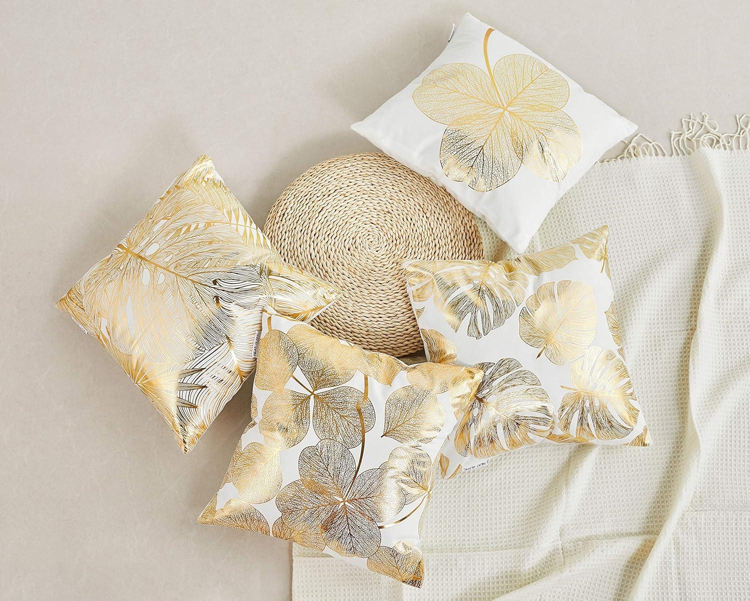 Pack of 4 Decorative Throw Pillow Case Cushion Cover Gold Stamping Leaves 18 x 18 inches 45 x 45 cm for Couch Bedroom Car