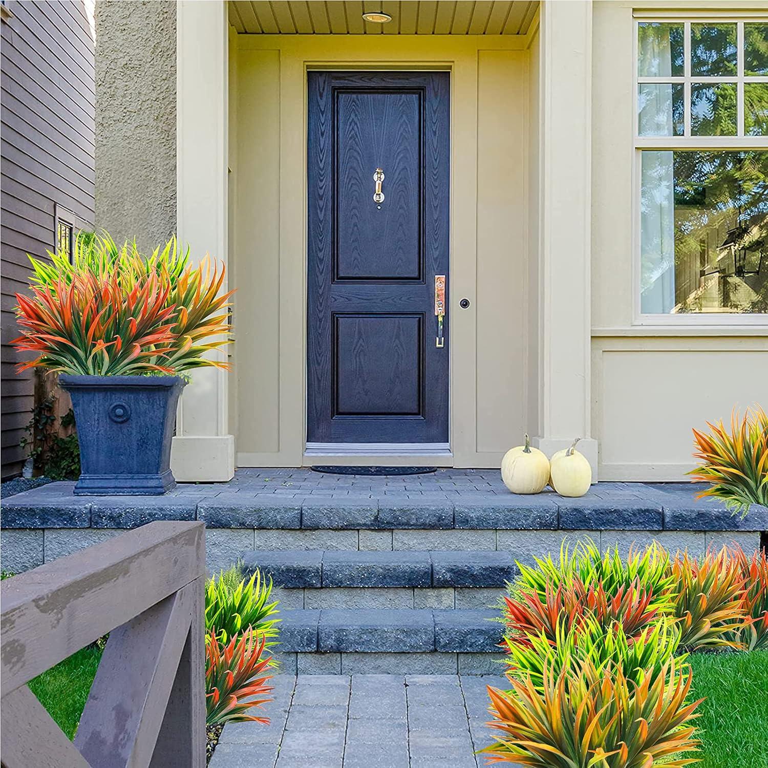 Nvzi 8 Pcs Outdoor Fake Plants UV Resistant Artificial Tall Grass Plants Faux Tropical Flowers Bushes Décor Green