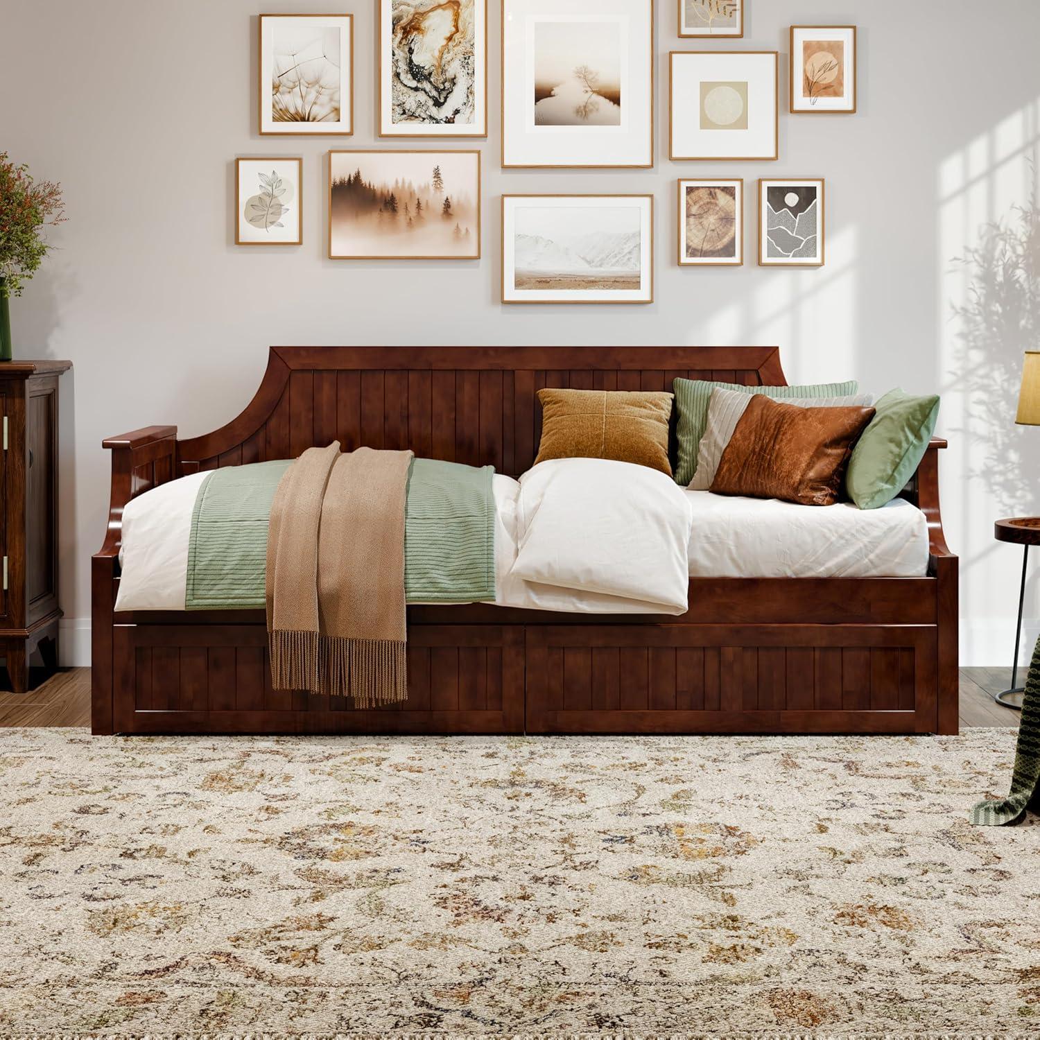 AFI Cambridge Wood Twin Size Daybed Frame with 2 Storage Drawers, Light Toffee