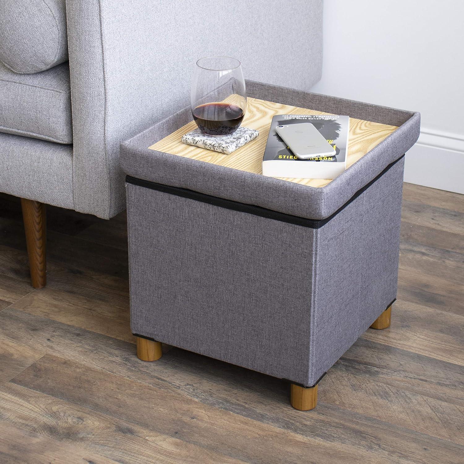 Humble Crew Dakota Collapsible Cube Storage Ottoman Foot Stool with Tray, Grey