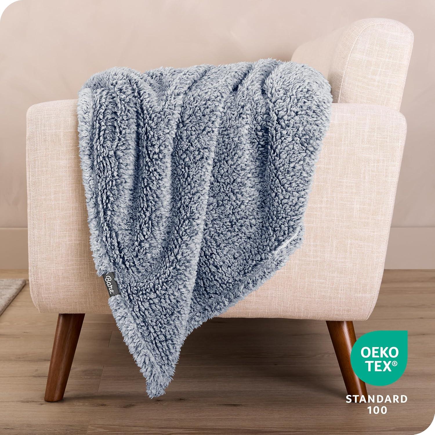 Dark Blue - Tipped Throw Cozy Faux Shearling Bed Blanket by Bare Home
