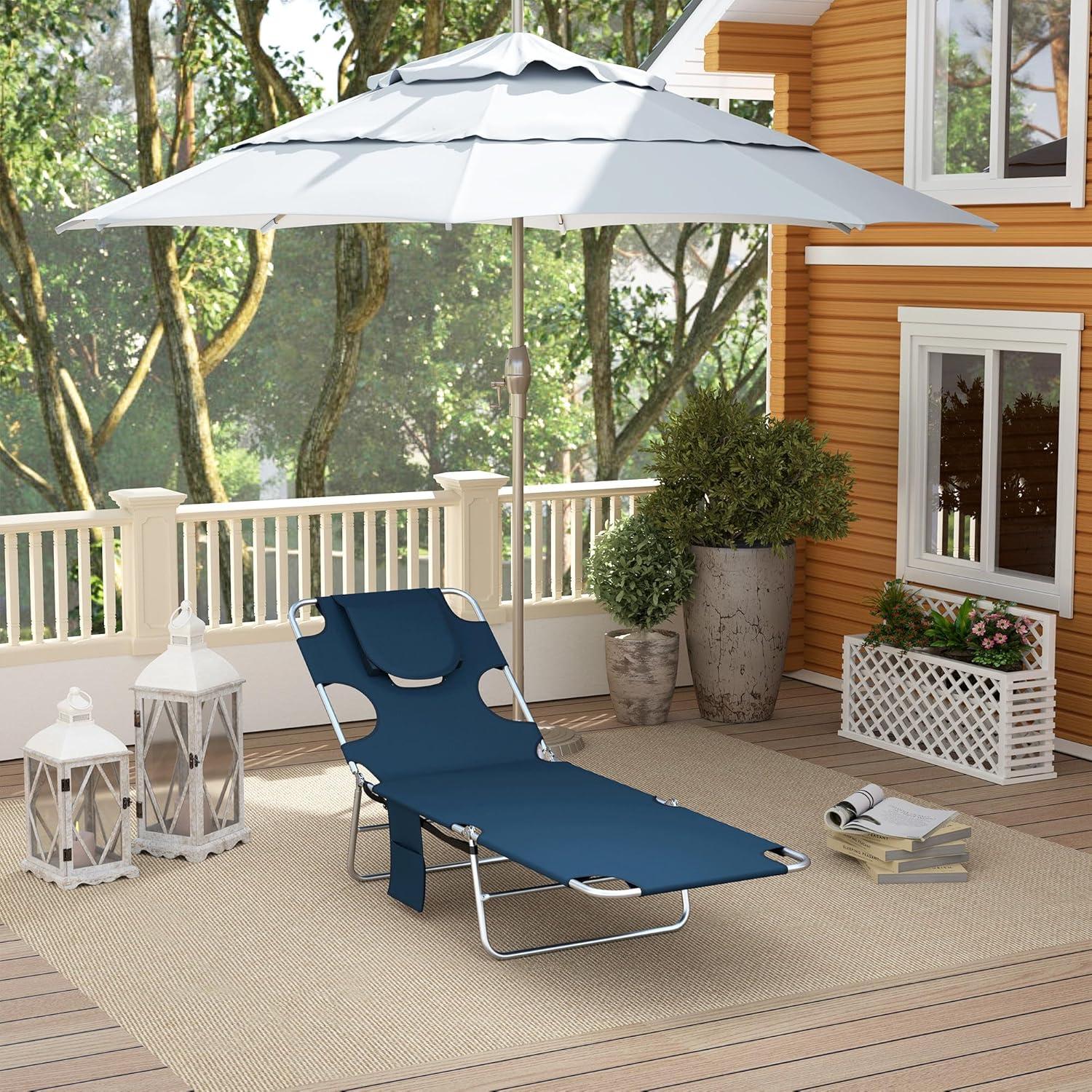 Outsunny Folding Beach Lounge Chair with Face Hole and Arm Slots, 5-Level Adjustable Sun Lounger Tanning Chair with Pillow for Patio, Garden, Beach, Pool, Dark Blue
