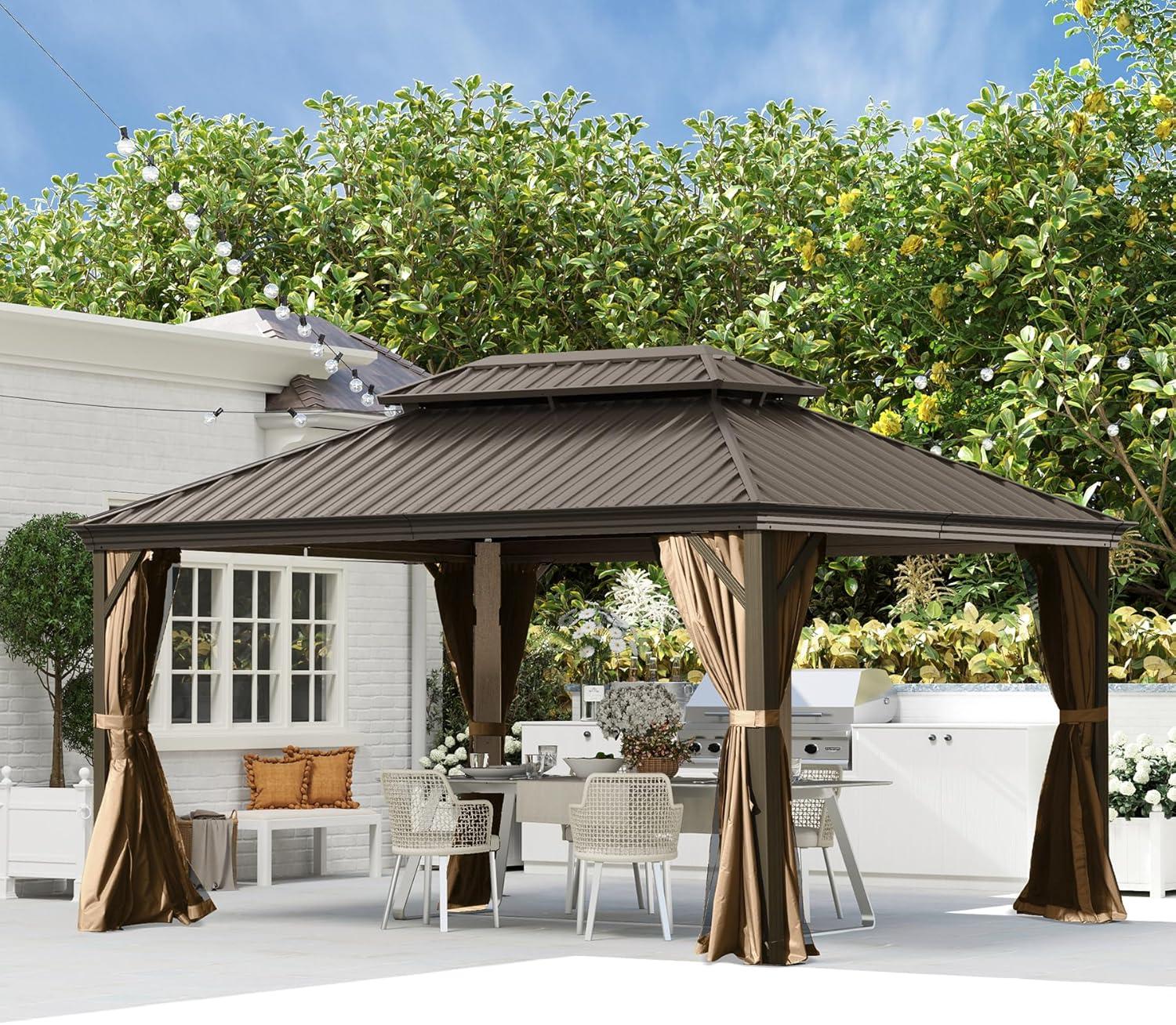 10' x 14' Hardtop Gazebo Galvanized Outdoor Gazebo Canopy Double Vented Roof Pergolas Aluminum Frame with Netting and Curtains