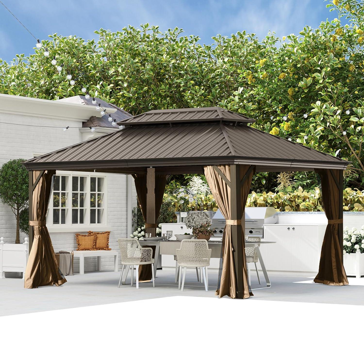 Barton 10x14 Gazebo, Hardtop Gazebo With Aluminum Frame, Double Galvanized Steel Roof, Curtains and Netting Included, Metal Gazebos Pergolas for Patios, Garden, Parties, Lawns