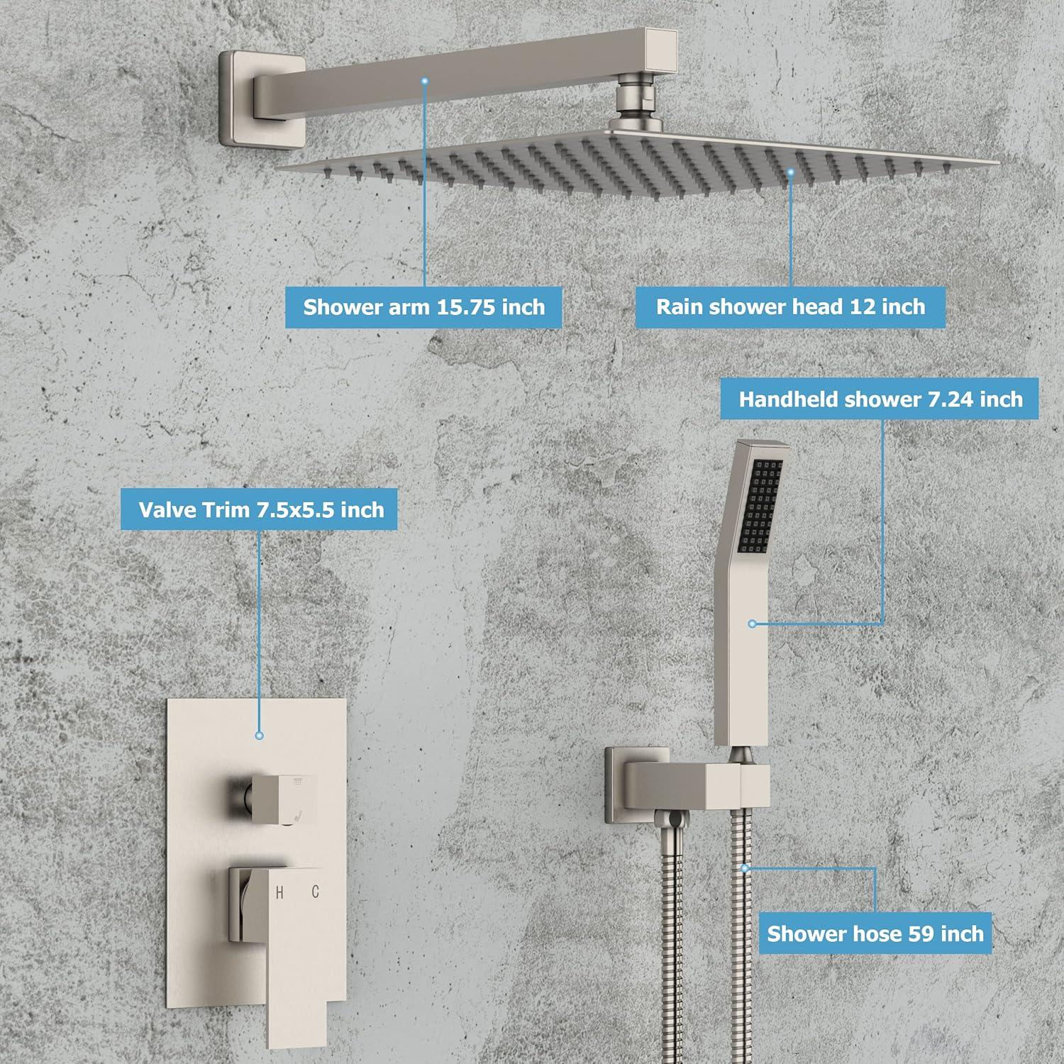 Zovajonia Shower System 12 Inches Shower Faucet Set, Rain Shower Head with Handheld Spray Bathroom Wall Mount Shower Fixtures Brushed Nickel