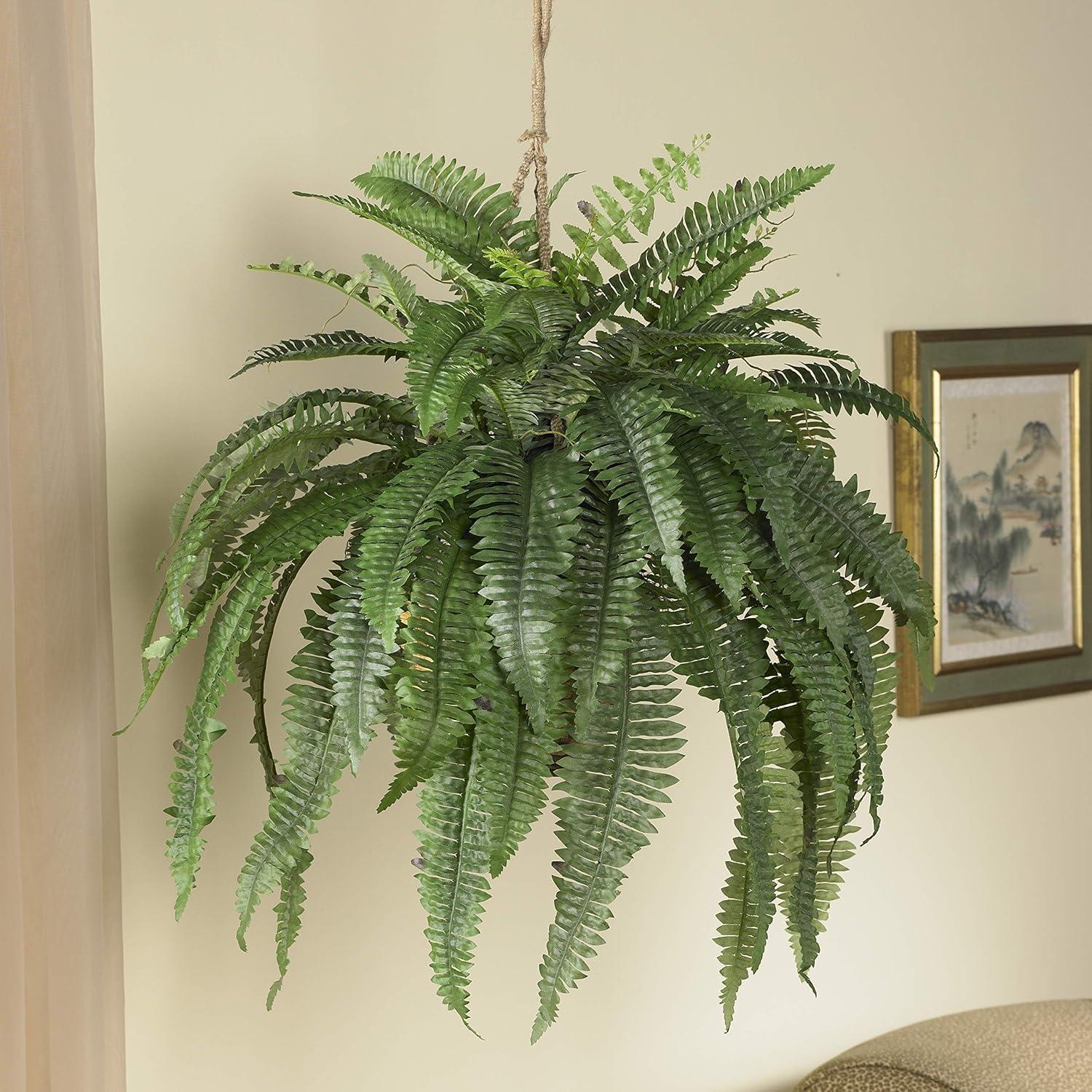 Nearly Natural 22" Large Boston Fern Artificial Plant in Hanging Basket, Green