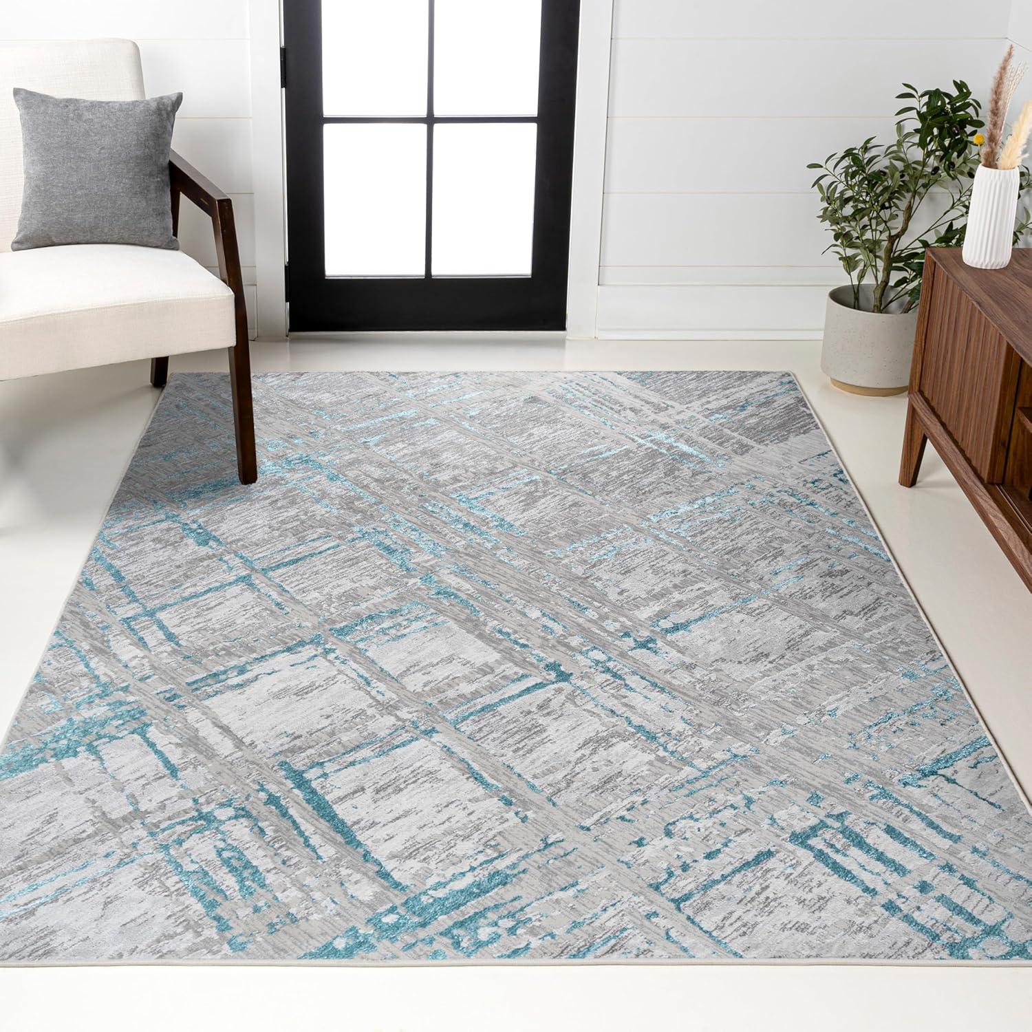 4'x6' Slant Modern Abstract Area Rug, Gray/Turquoise - JONATHAN Y