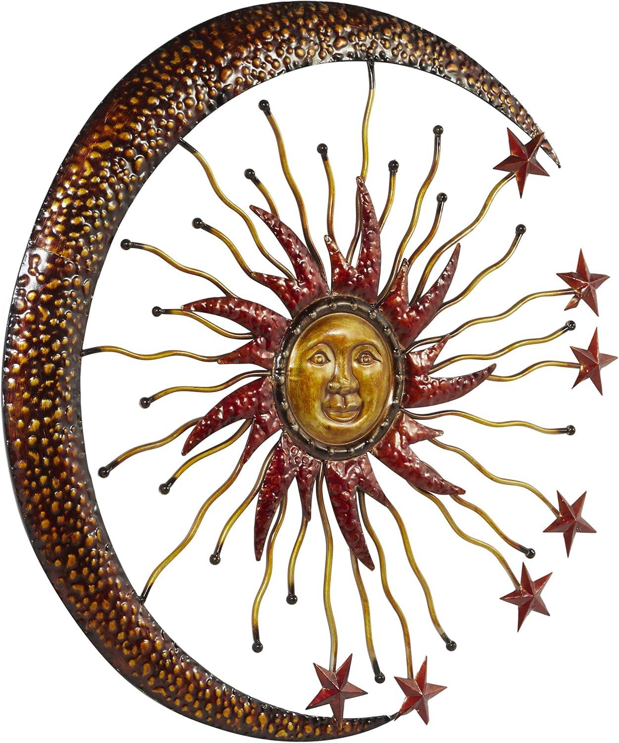 DecMode Copper Metal Indoor Outdoor Sun and Moon Wall Decor with Stars