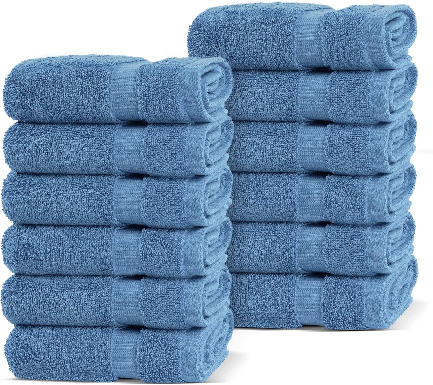 BC BARE COTTON Luxury Hotel & Spa Towel Turkish Cotton Washcloths - Dobby Border (13x13 Inches) - Set of 12 - Wedgewood