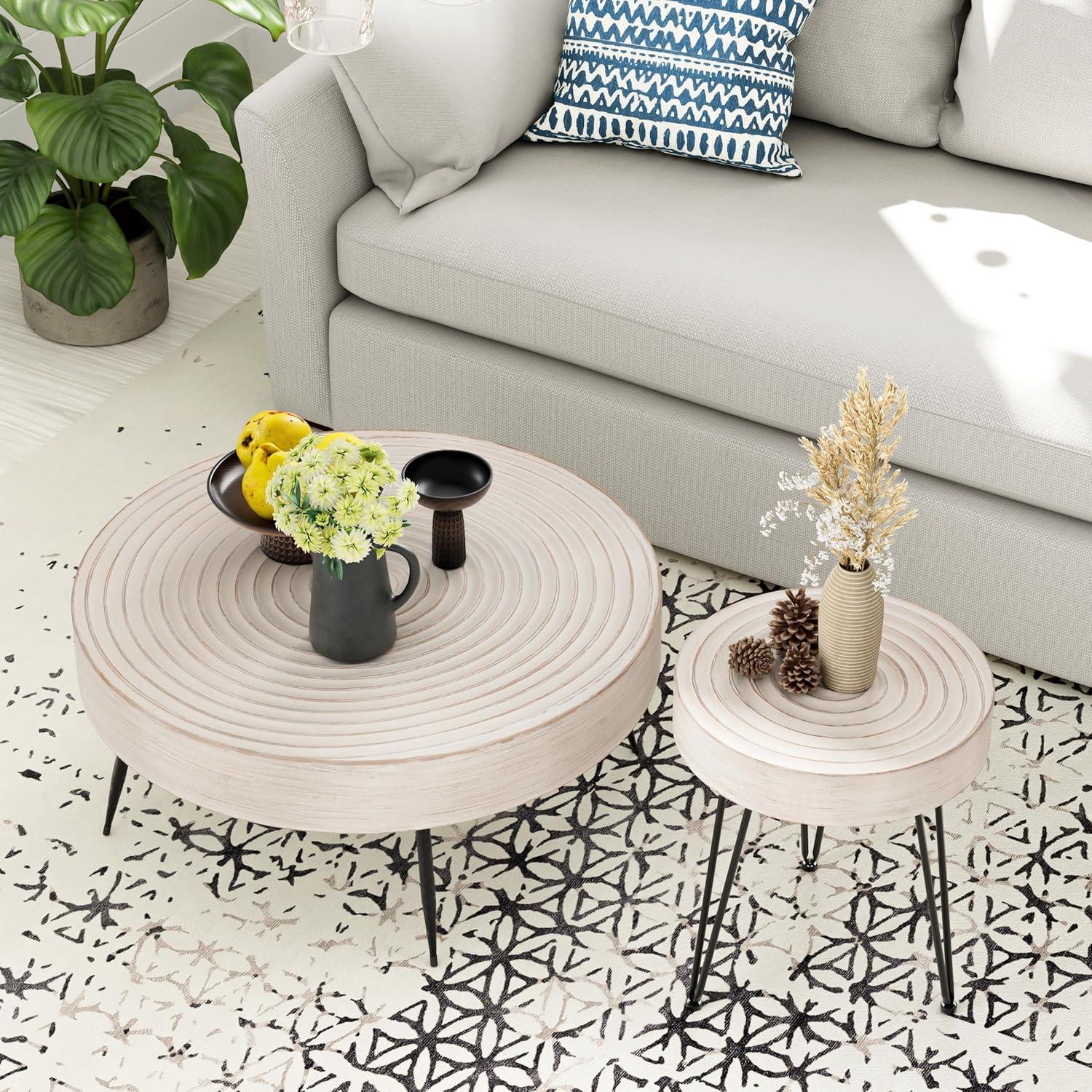 COZAYH Rustic Handmade Ring Pattern MDF and Metal Coffee Table, White