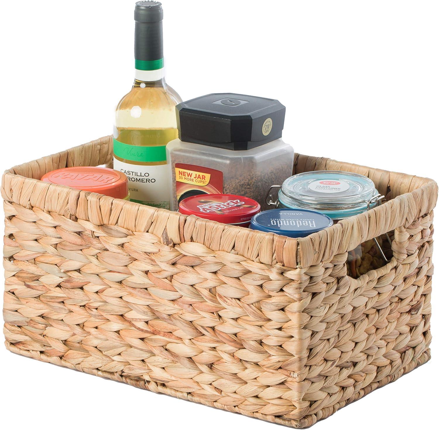 Vintiquewise Natural Woven Water Hyacinth Wicker Rectangular Storage Bin Basket with Handles, Medium