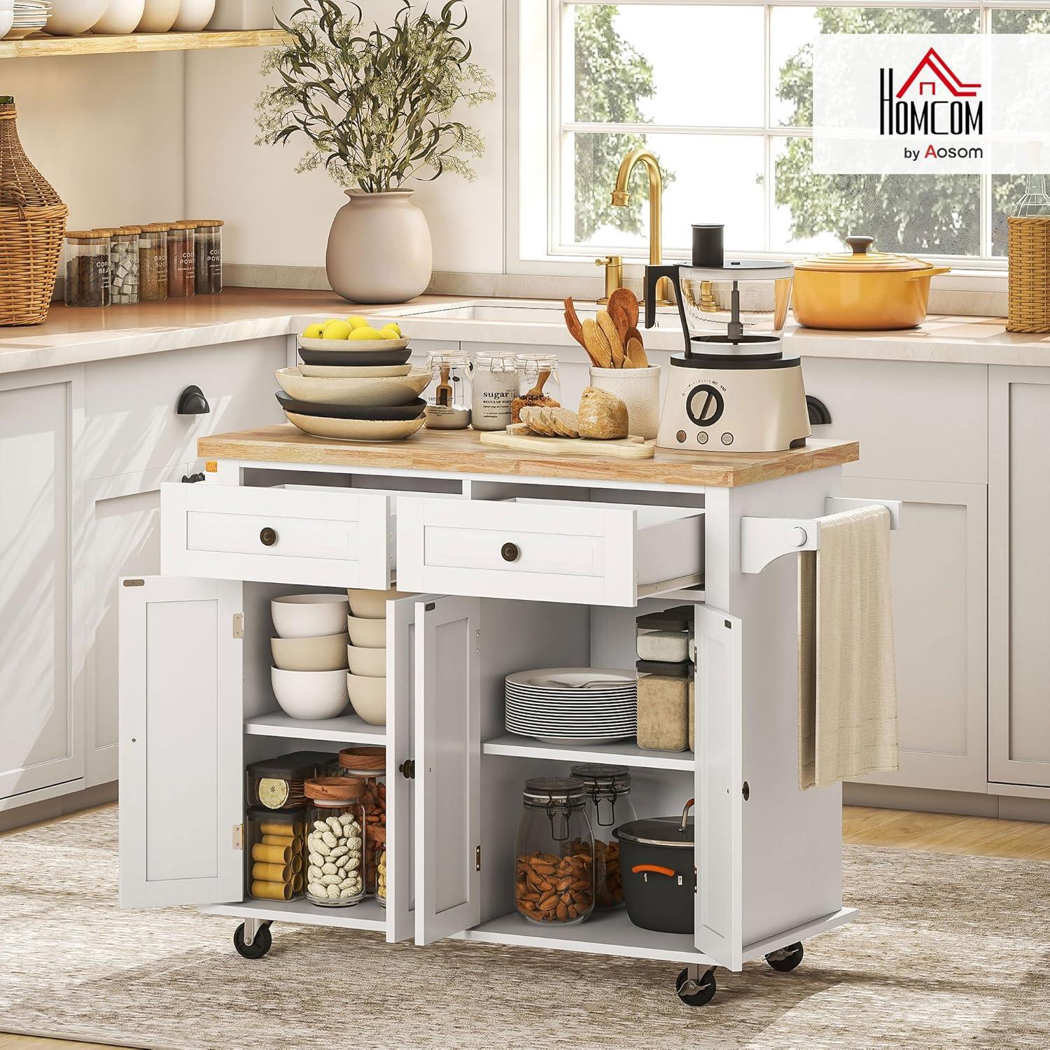 HOMCOM Kitchen Island on Wheels, Rolling Cart with Rubber Wood Top, Spice Rack, Towel Rack & Drawers for Dining Room, White