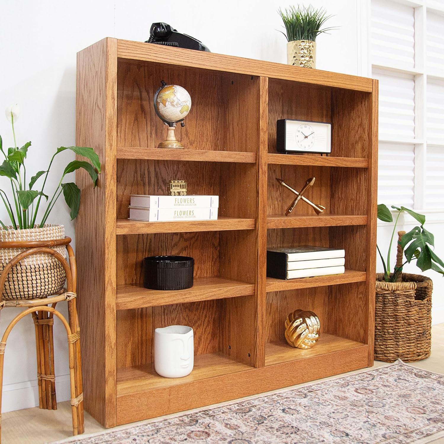 Concepts in Wood 8 Shelf Double Wide Wood Bookcase, 48 inch Tall - Oak Finish