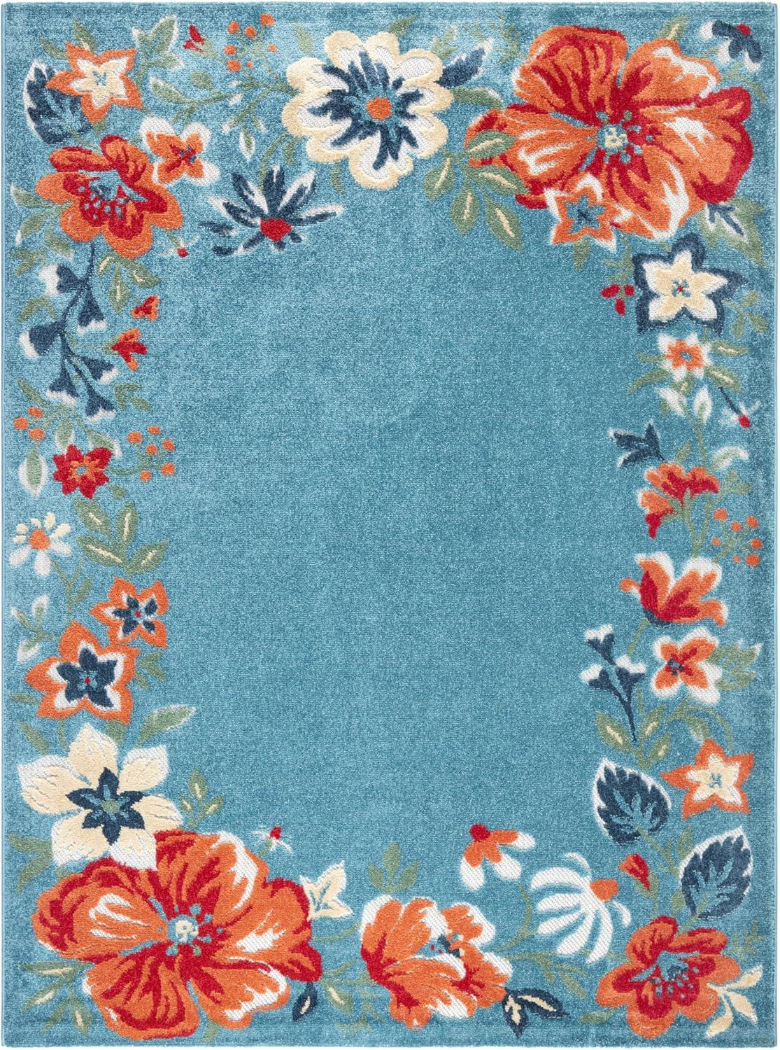 Hibiscus Bloom Light Blue Red Floral Indoor Outdoor Rug