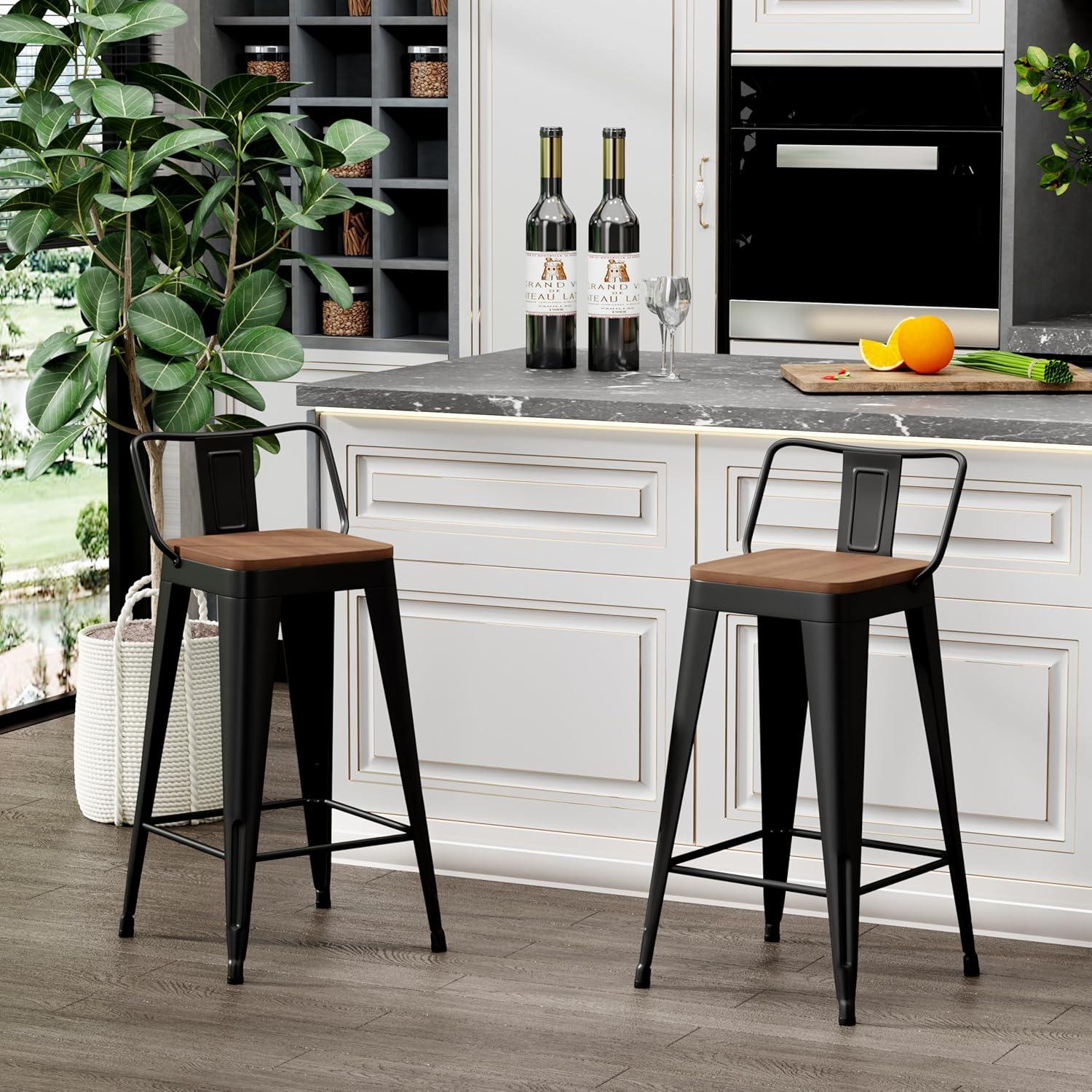 Stools Set of 4 Counter Height  Stools Metal Barstools with Removable Back 30" Kitchen  Stools with Wooden Seat