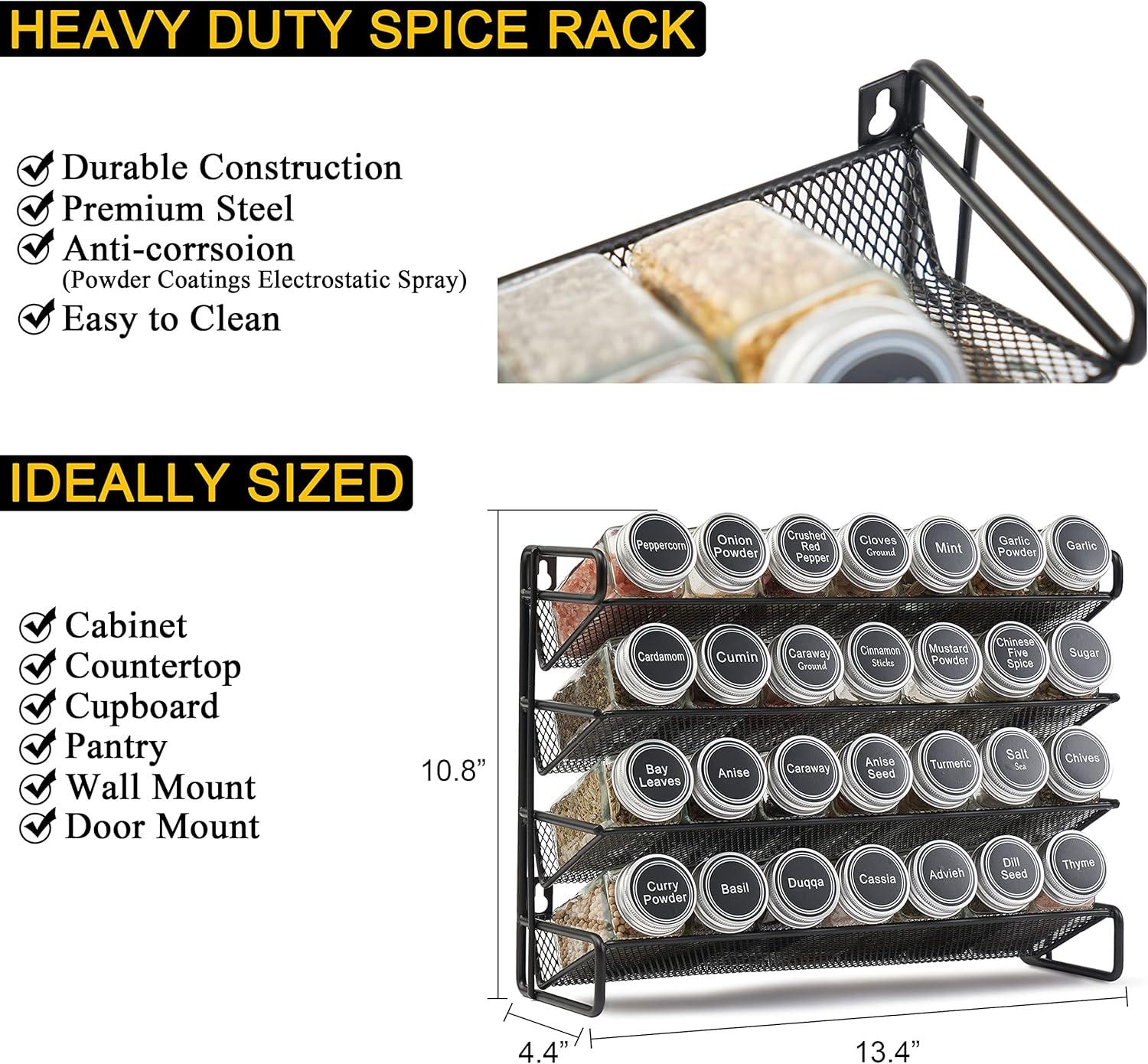 Spice Rack Organizer with 28 Spice Jars - Includes 386 Spice Labels, Chalk Marker, and Funnel Set for Cabinet, Countertop, Pantry, Cupboard, or Door & Wall Mount, 13.4" W × 10.8" H, Black