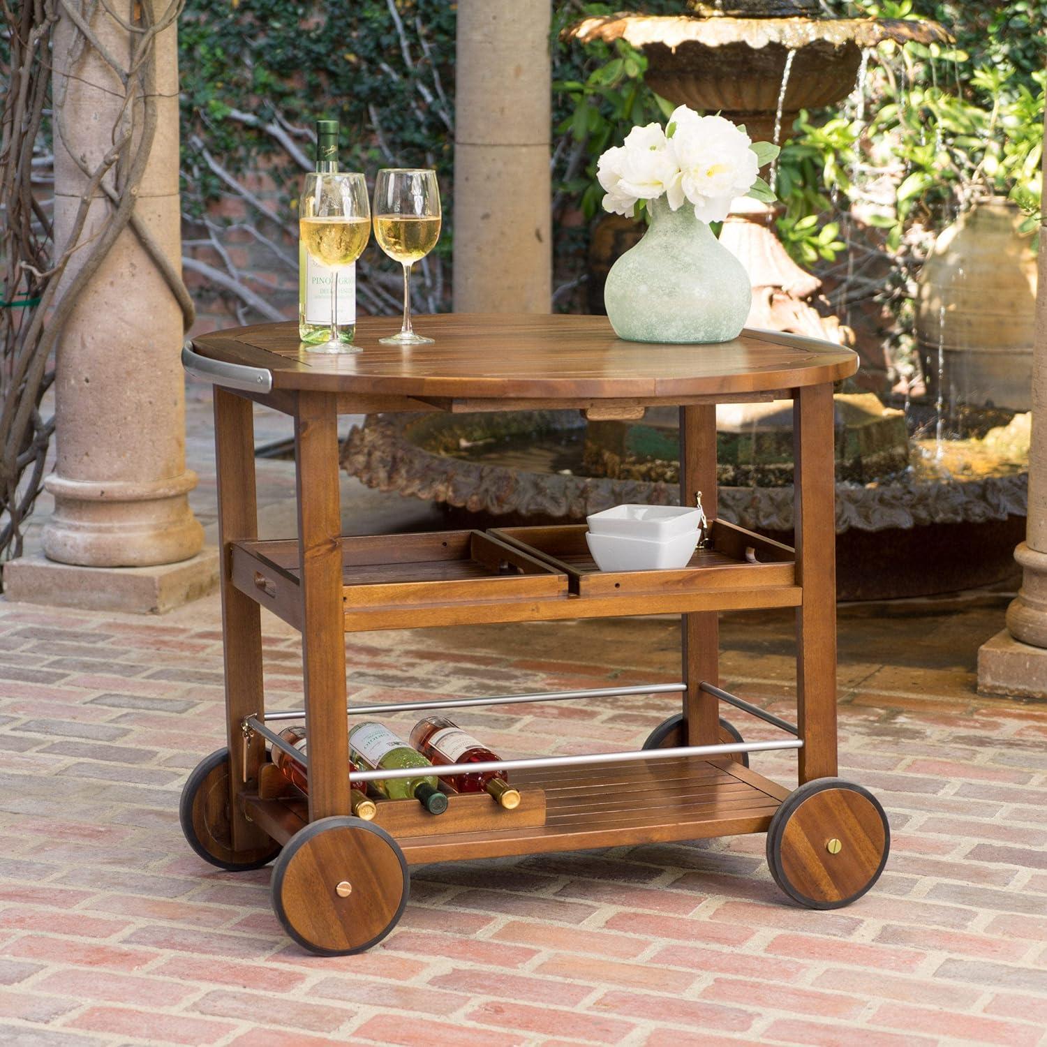 Modern Industrial Dark Oak Acacia Wood Bar Cart with Drop Leaf and Wine Rack