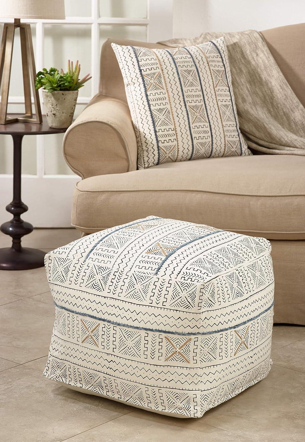 Saro Lifestyle Saro Lifestyle Abstract Design Mudcloth Floor Pouf, White, 20"x20"x14"