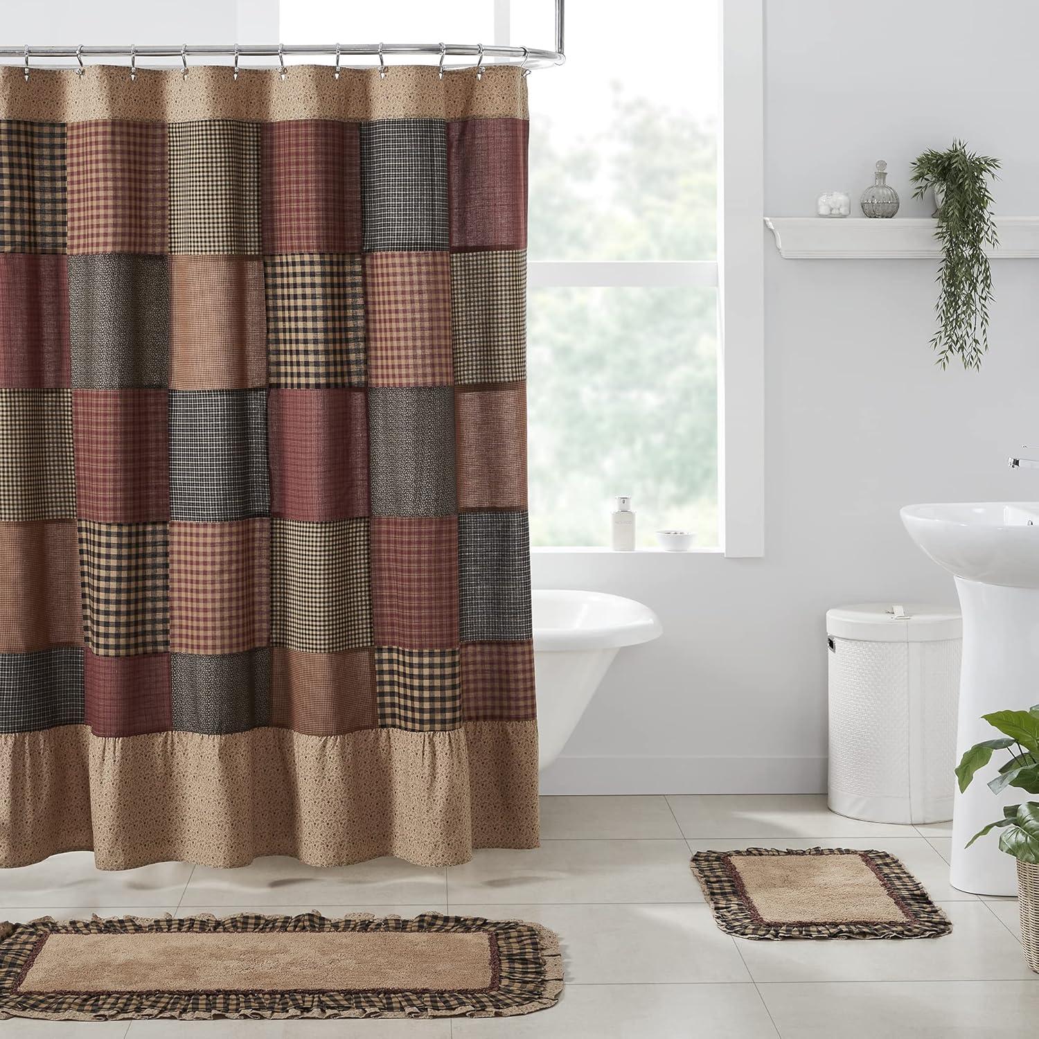 Maisie Patchwork Tan and Burgundy Cotton Shower Curtain 72x72