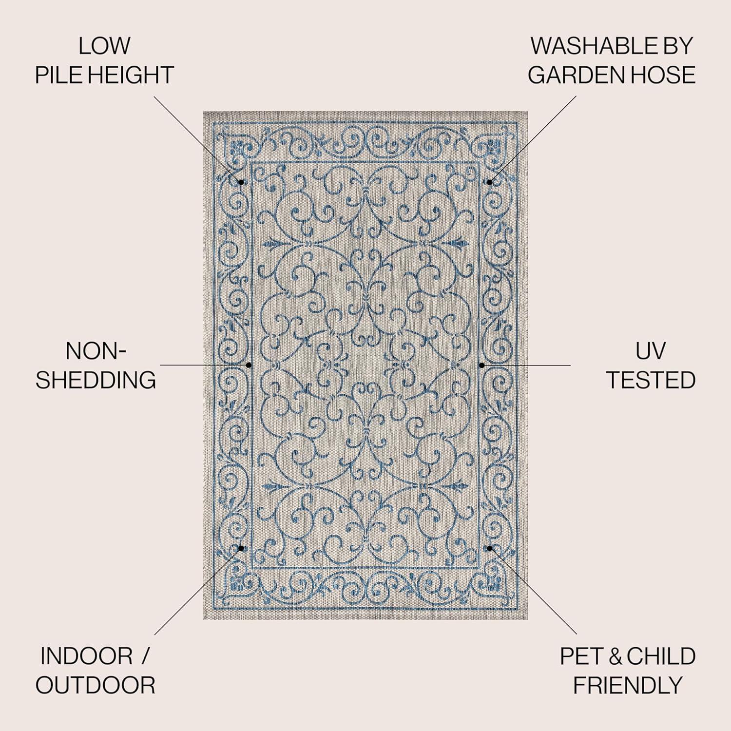 9' X 12' Charleston Vintage Filigree Textured Weave Indoor/Outdoor Area Rug, Gray/Navy - JONATHAN Y