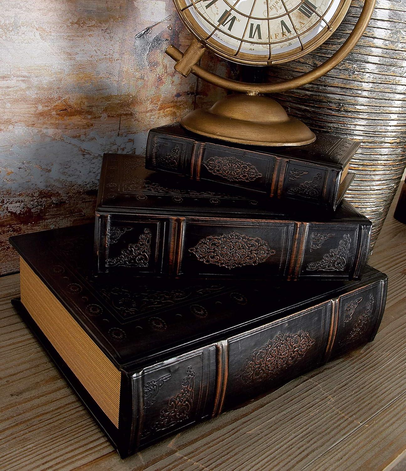 Vintage Illustration Dark Brown Wood & Faux Leather Decorative Book Box Set of 3