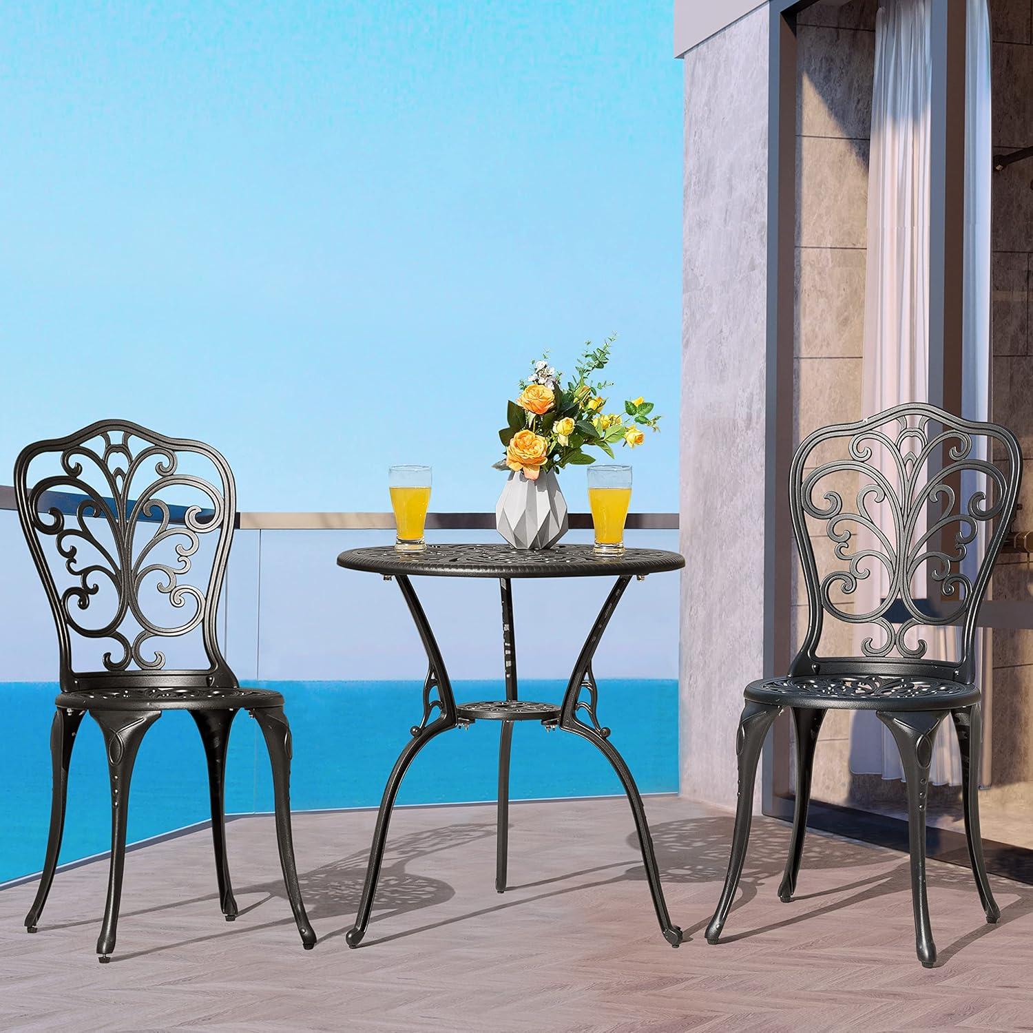 Black Cast Aluminum 3-Piece Outdoor Bistro Set with Floral Design