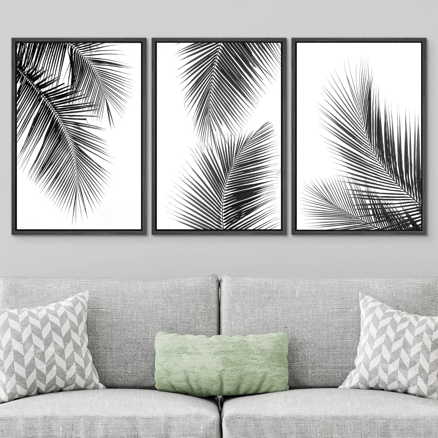 IDEA4WALL Minimal Botanical Black And White Tropical Palm Tree Leaves Organic Modern Framed Canvas 3 Pieces Print Wall Art