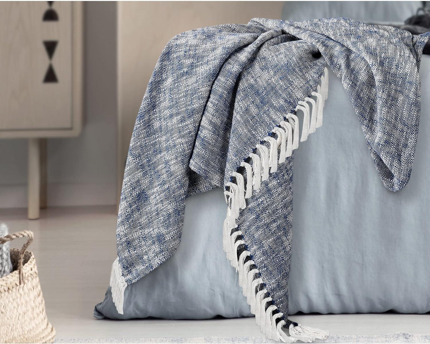 Navy Blue and Off-White Cotton Chambray Throw Blanket with Fringe