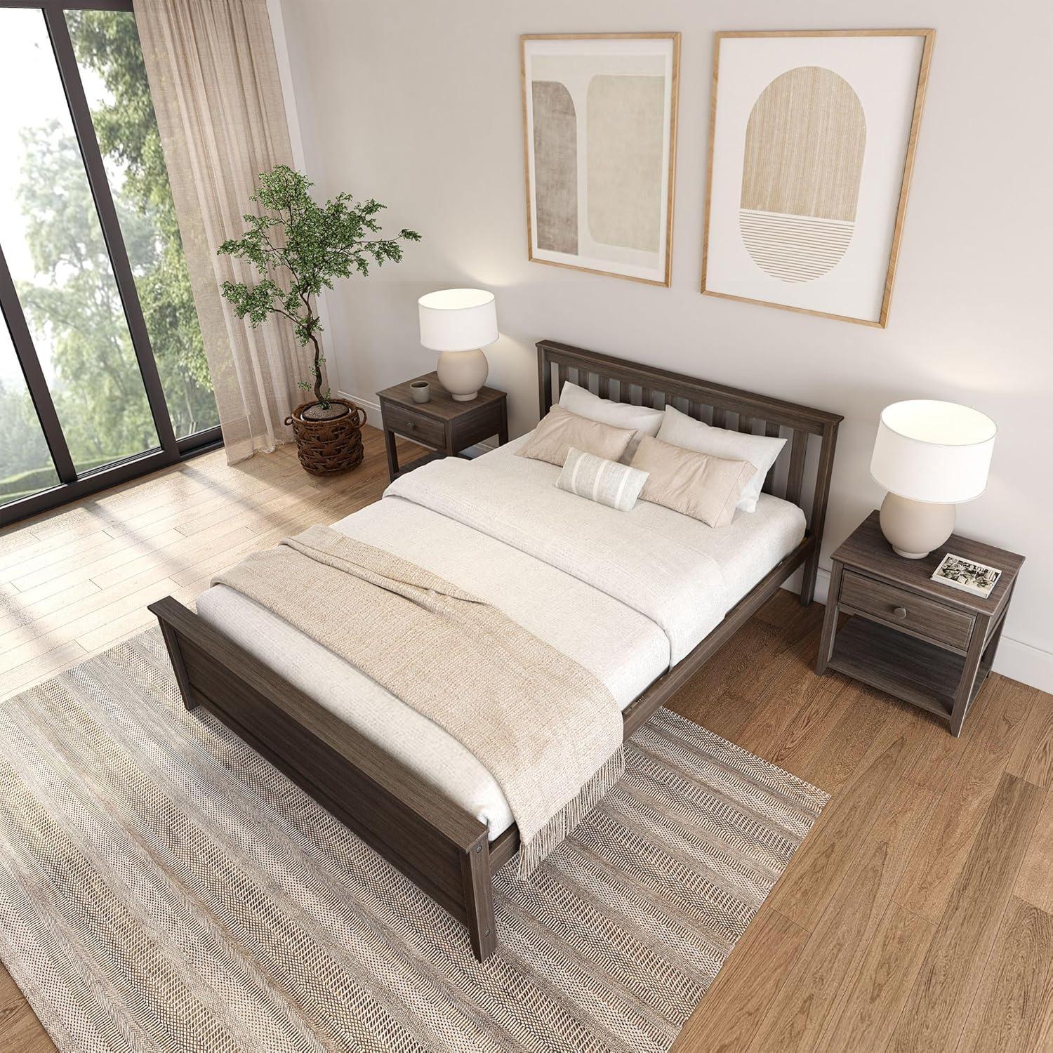 Plank+Beam Queen Bed Frame with Slatted Headboard Solid Wood Platform Bed, No box Spring Needed, Clay