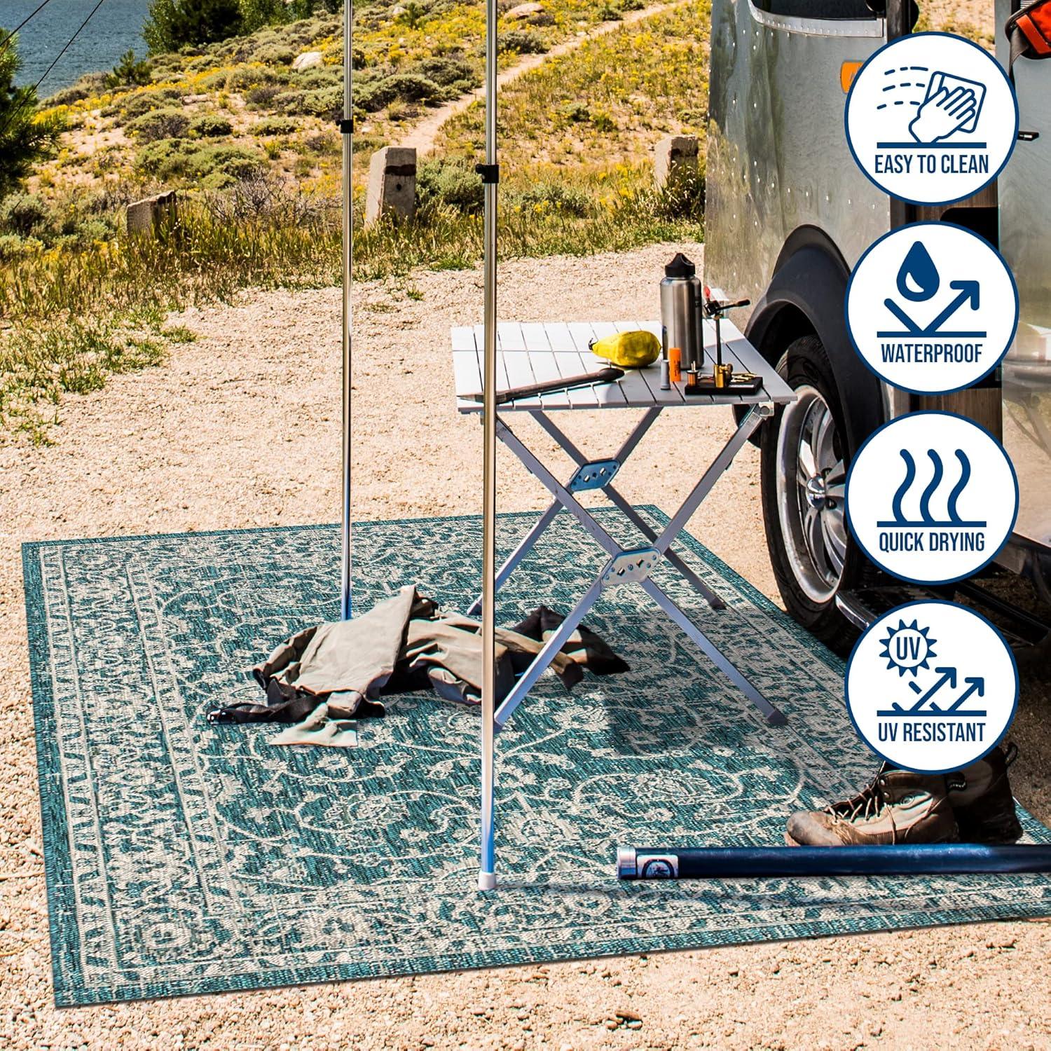 4'x6' Palazzo Vine and Border Textured Weave Indoor/Outdoor Area Rug, Teal/Gray - JONATHAN Y