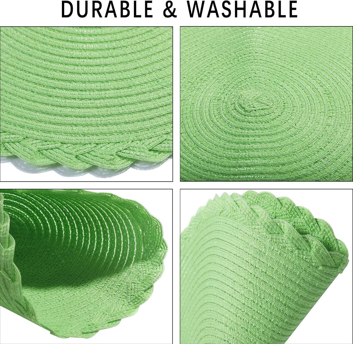 Placemats Set of 6, Lime Green Placemats Set of 6, Round Woven Placemats for Indoor and Outdoor, Washable Woven Placemats for St Patricks Day Placemats, 15 Inch