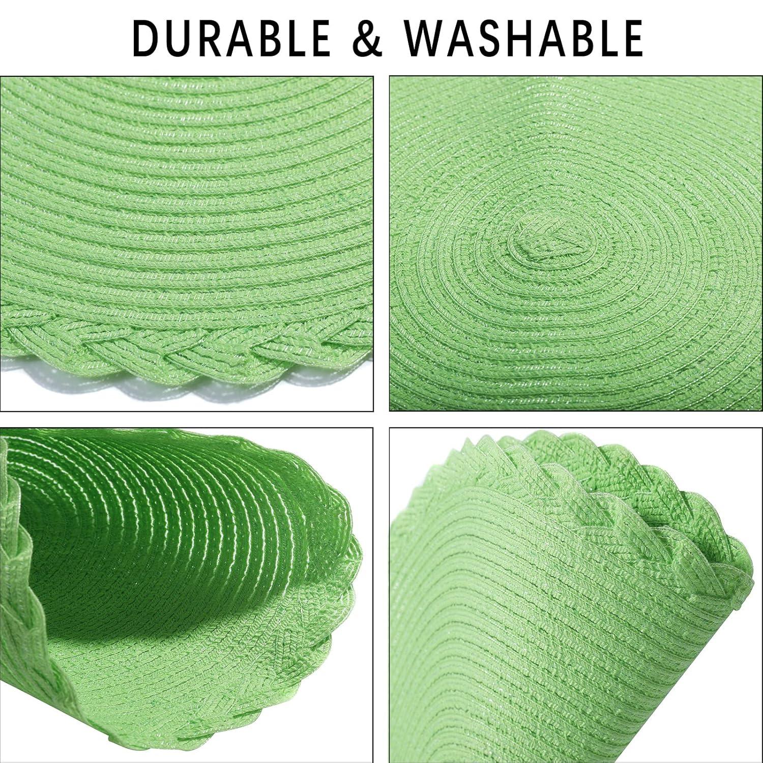 Placemats Set of 6, Lime Green Placemats Set of 6, Round Woven Placemats for Indoor and Outdoor, Washable Woven Placemats for St Patricks Day Placemats, 15 Inch